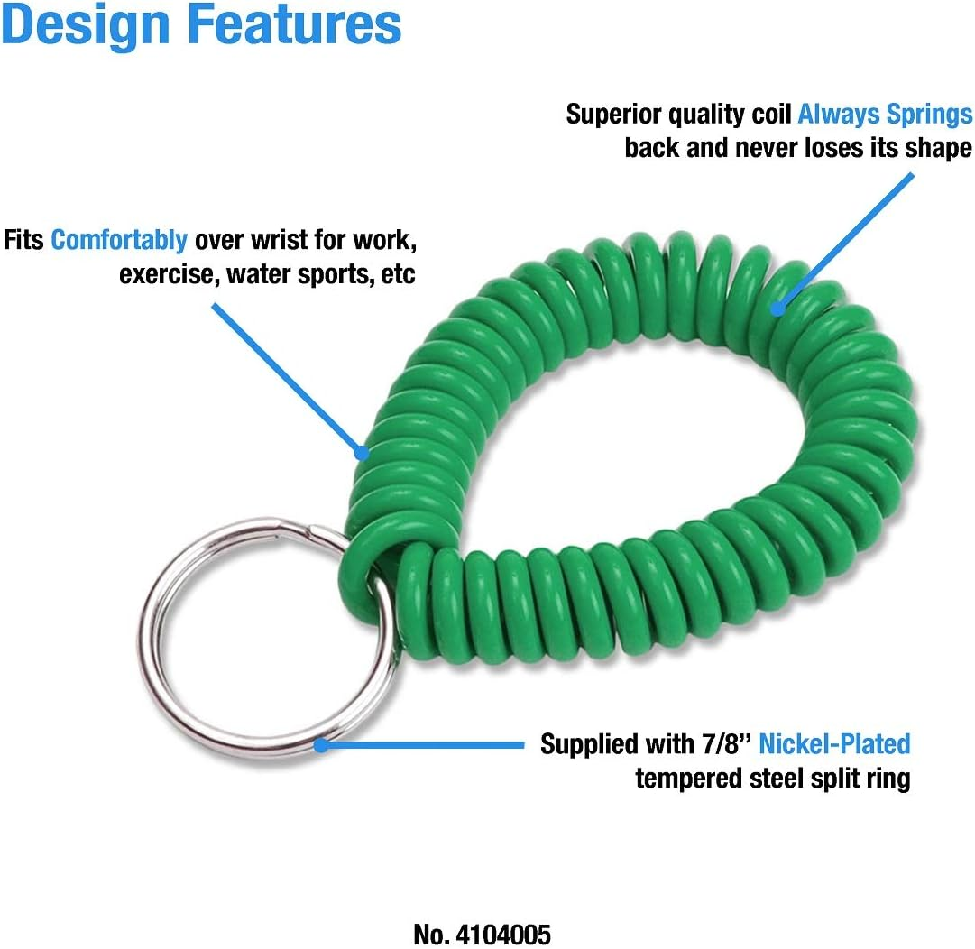 Lucky Line 2&rdquo; Spiral Wrist Coil with Steel Key Ring, Flexible Wrist Band Key Chain Bracelet, Stretches to 12&rdquo;, Green, 5 Pack (4104005) image number 6