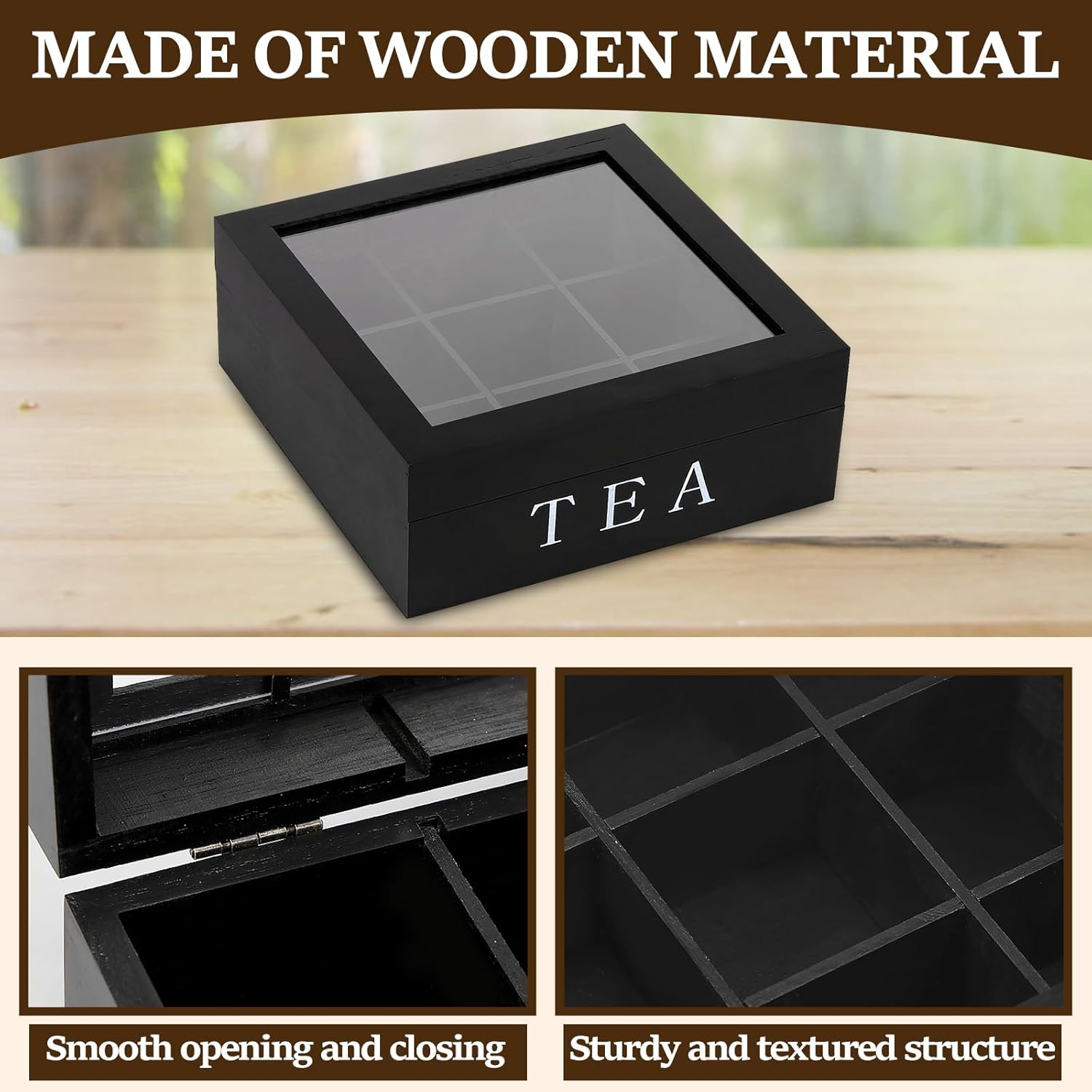 Awobepl Tea Bag Organizer Wood Tea Bag Holder with Clear Lid 9 Compartments Tea Caddy Practical Tea Organizer Caddy Large Capacity Tea Bag Box for Home Office (Black) - White image number 2