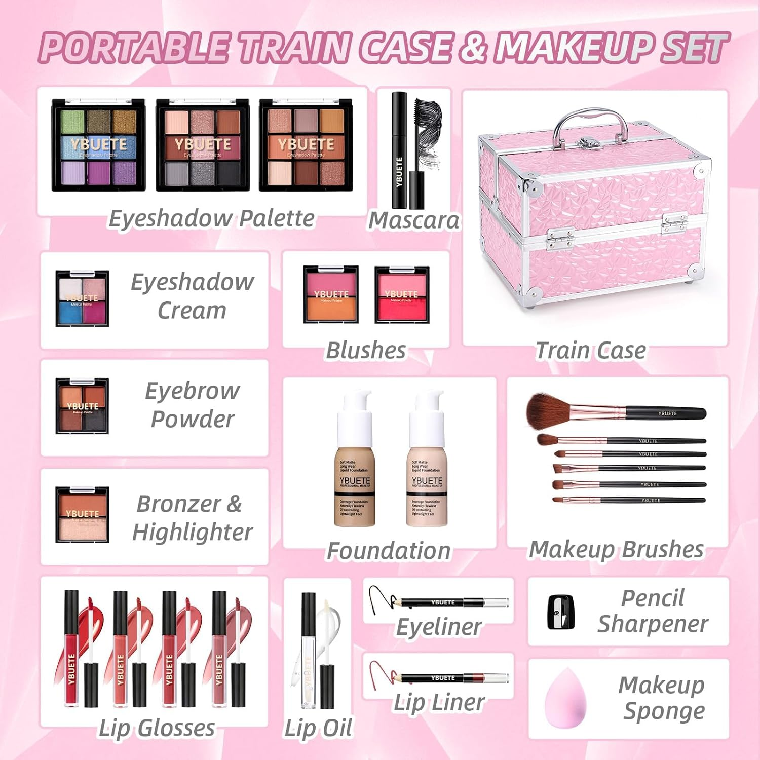YBUETE Professional Makeup Kit for Girl Women, Full Starter Cosmetic Set with Storage Case, Reusable Full Cosmetic Train Case Included Foundation Eyeshadow Blush Lipstick Lip Liner Mascara Eyeliner image number 5