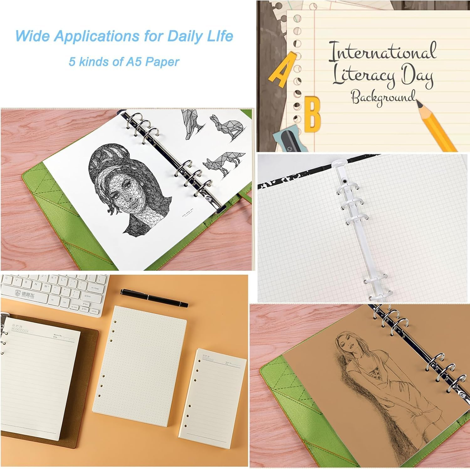 A5 Refill Paper,100Gsm Thick Refillable Paper 6 Hole Filler Inserts Loose Leaf Paper 80 Sheets (160 Pages) for 6 Ring Binder Journal Notebook-Squared Paper (Lined Paper) image number 2