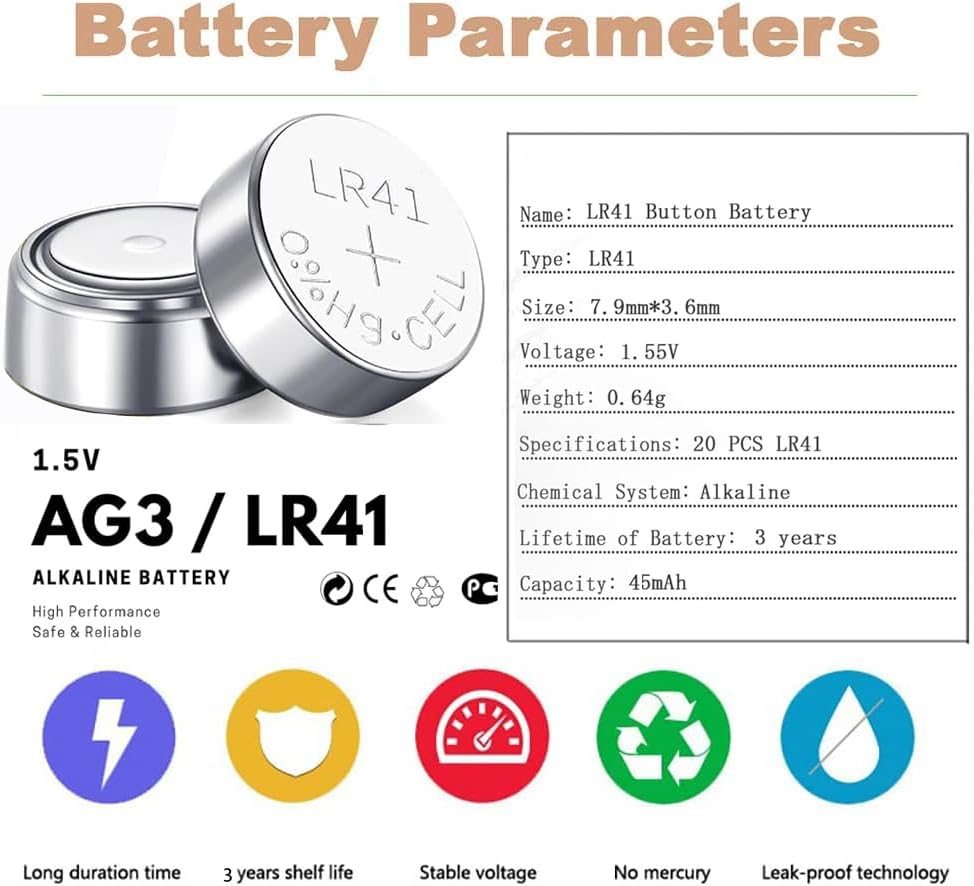 Lomon 20 Pack LR41 AG3 1.5V Button Cell Coin Batteries (Equivalent to 392 384 192) - Long Lasting Alkaline Batteries for Watches, Calculators, Digital Thermometer & More image number 2