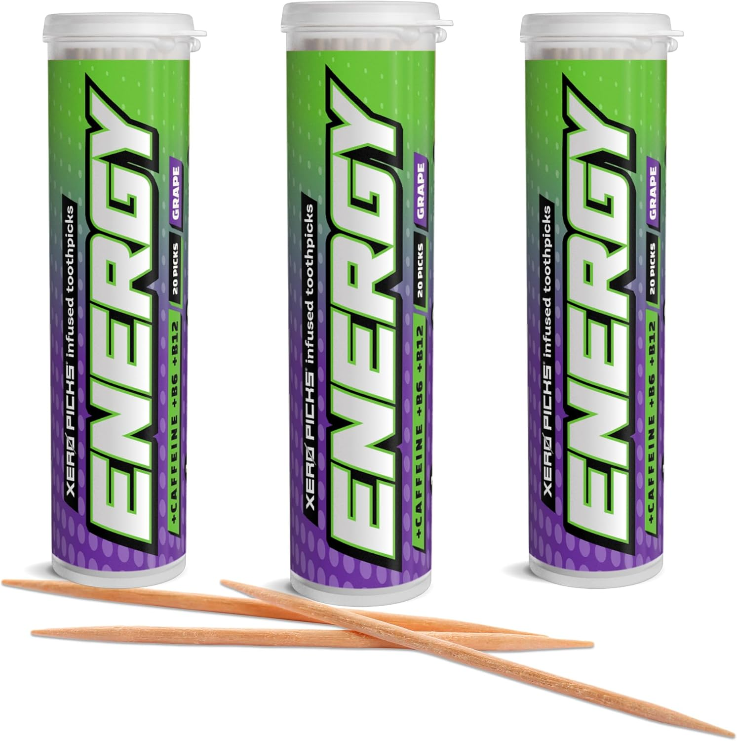 Xero Picks Energy Infused Flavored Toothpicks with Caffeine, B12 and B6-60 Picks (3 Pack) (Grape)