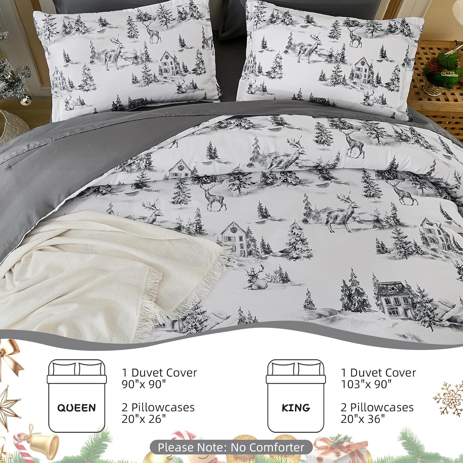 Dobuyly Christmas Duvet Cover Set Queen Size 3PCS Grey Lodge Reindeer Tree Duvet Cover with 2 Pillowcases, Soft Microfiber Xmas Holiday Bedding Set 90"X90"(No Comforter) image number 4