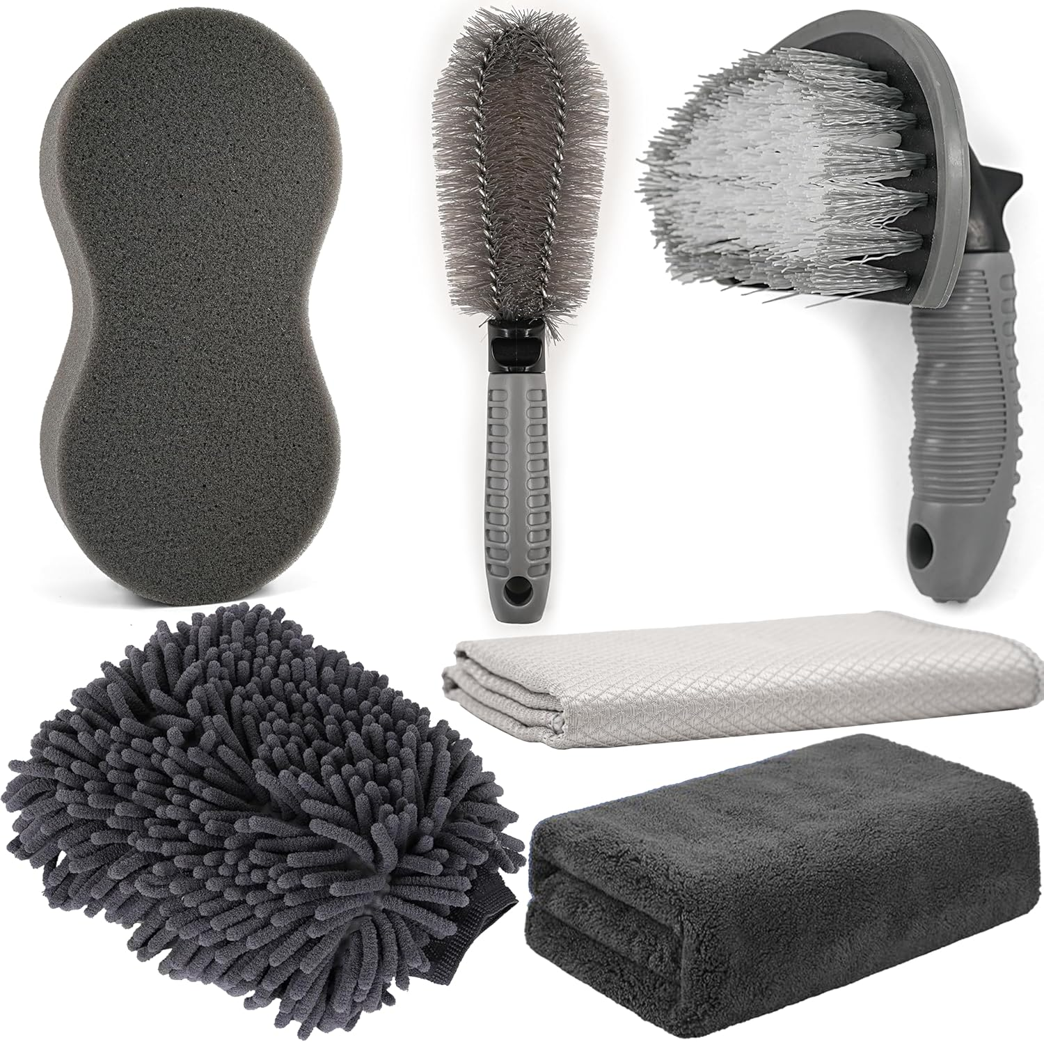 Complete Car Wash Kit &ndash; Premium Coral Fleece Towel, Ergonomic Wheel Brushes, Chenille Wash Mitt, Super Absorbent Car Sponge, Anti-Slip Handles, Scratch-Free Auto Detailing Tools