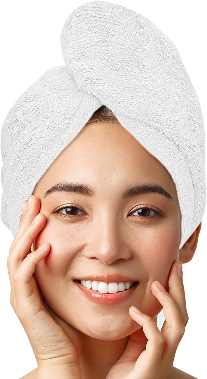 LUXTOGO&reg; Premium Hair Towel (430 G/M&sup2;) - 100% Cotton Turban with Button and Elastic, Super Absorbent (2 Pieces White + Red)