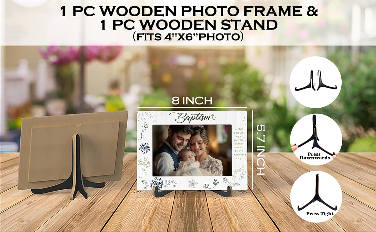 Qiwog Baptism Photo Frame - Baby Baptism Wooden Desktop Picture Frame with Stand - Newborn Baby Boy Religious Gift - Christening Gifts from Grandparents Friends -A29