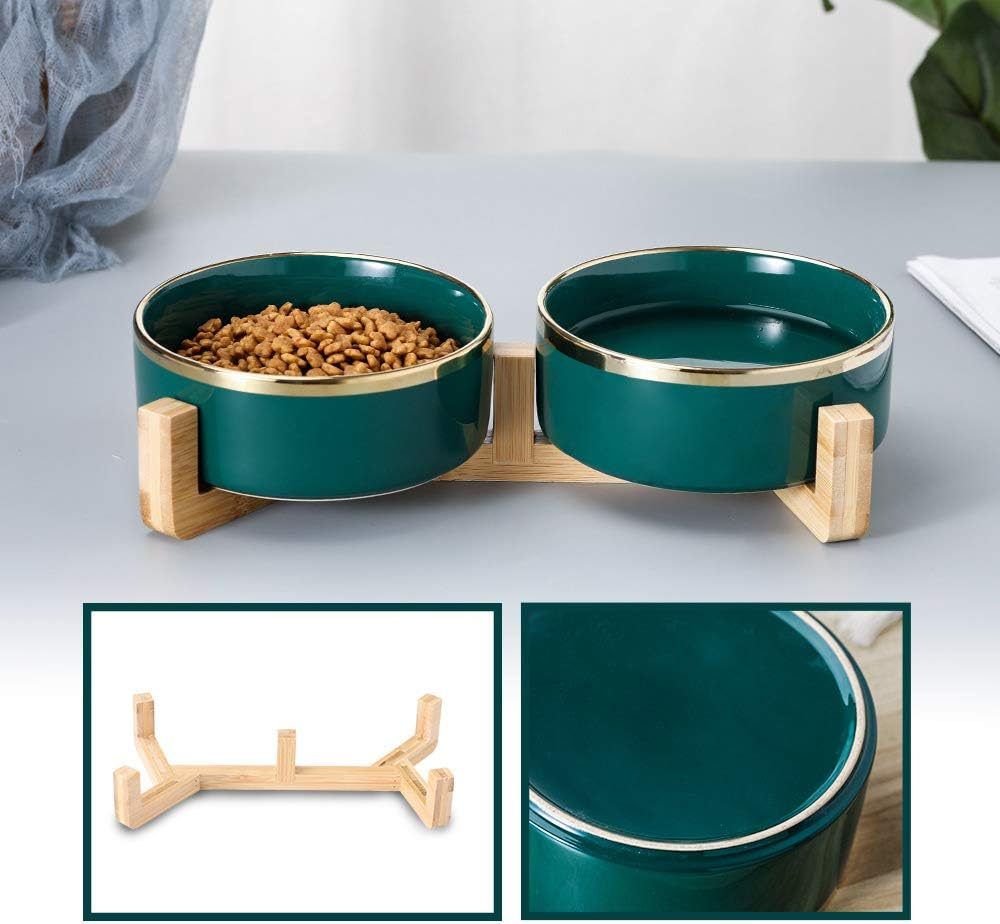 Green Gold Ceramic Cat Dog Bowl Dish with Wood Stand No Spill Pet Food Water Feeder Cats Medium Dogs Set of 2