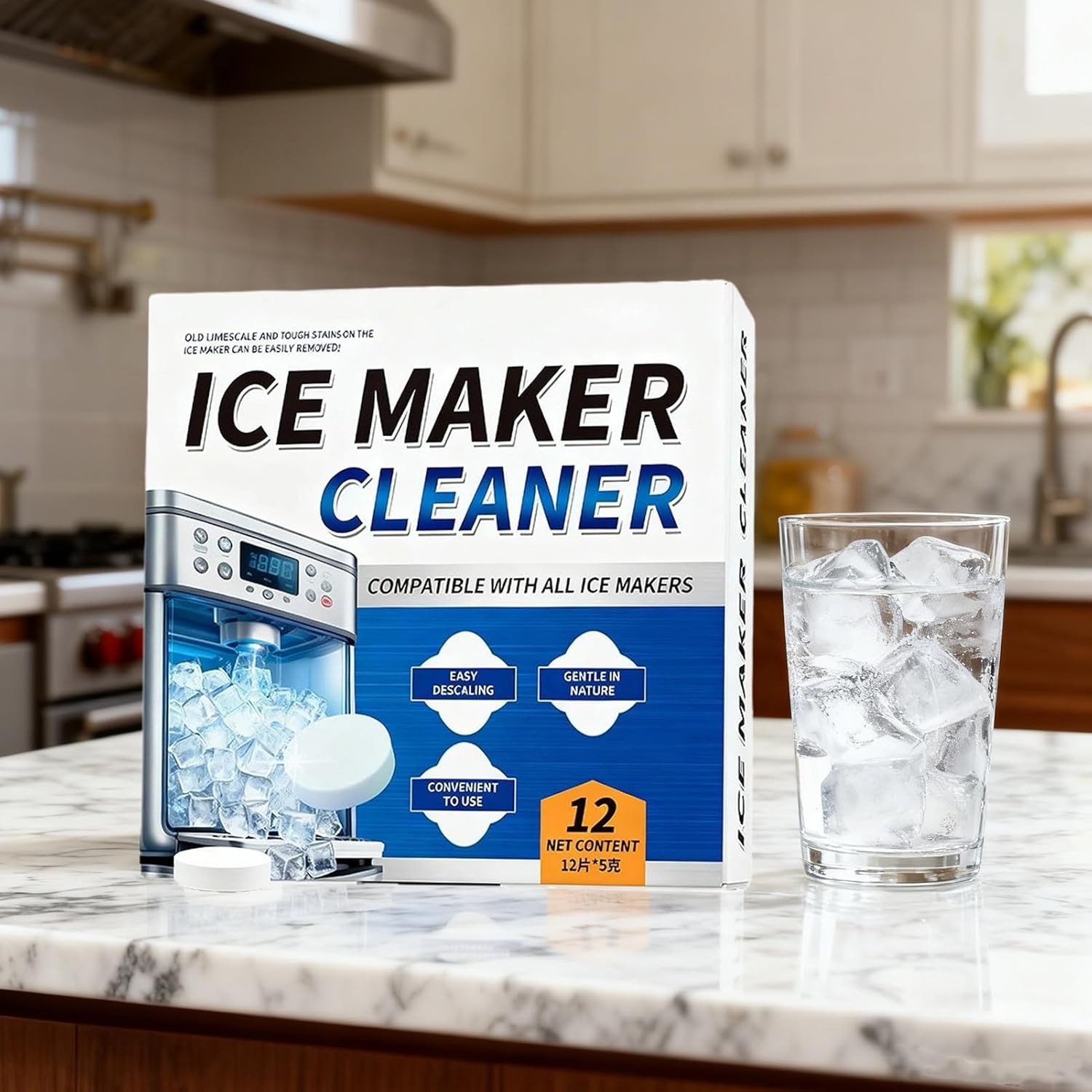 12 Pieces Ice Maker Cleaner Tablets, Ice Machine Cleaner, Coffee Machine Descaler, Tablets Descaling for Cleaning Appliance Home Cooler Remove Odor,For Dining Room Kitchen Household Commercial
