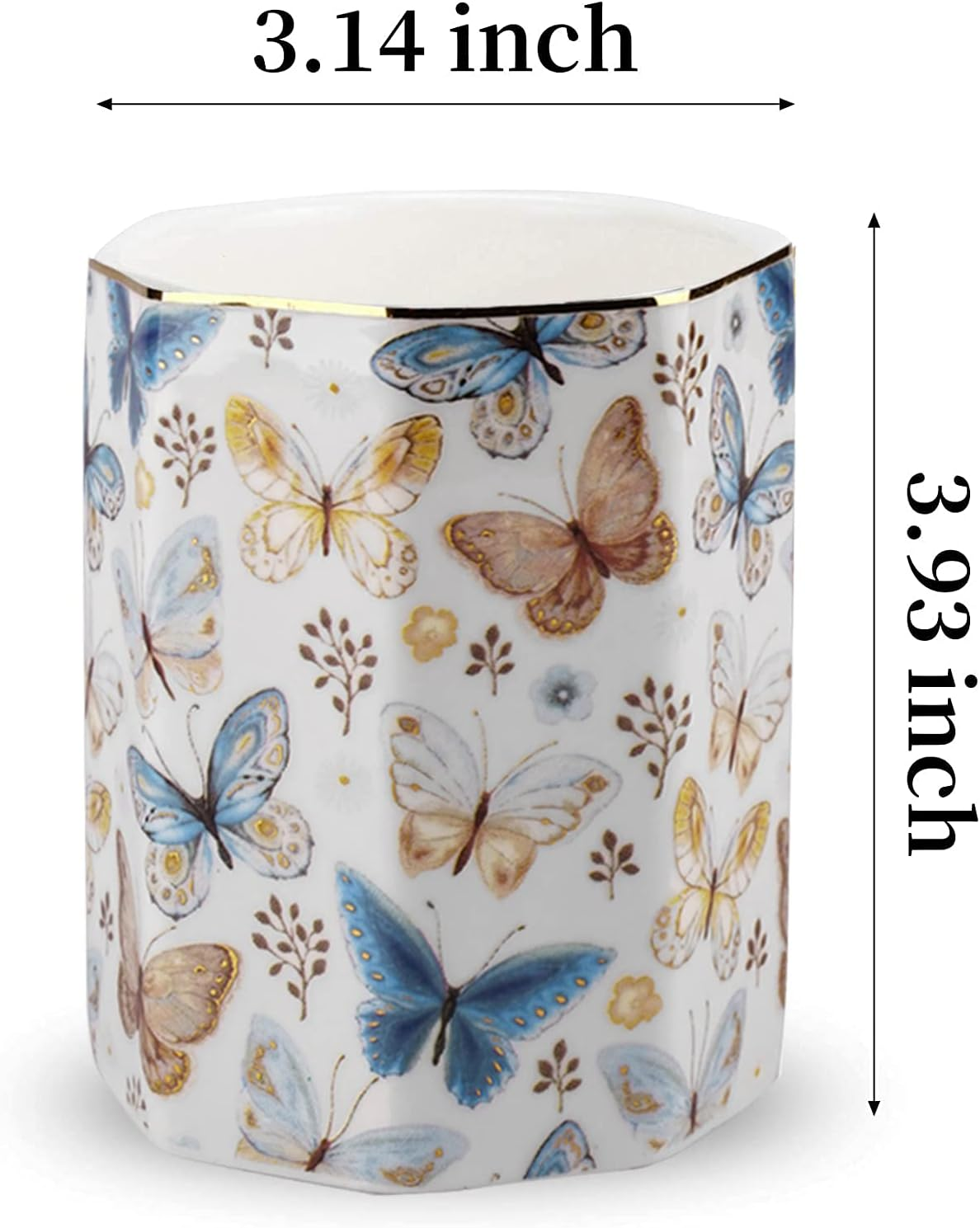 Jwest Pen Holder, Ceramic Shiny Gold Graphic Butterfly Pattern Pencil Cup for Girls Kids Women Durable Stand Desk Organizer Makeup Brush Holder Gift for Office, Classroom, Home Butterfly