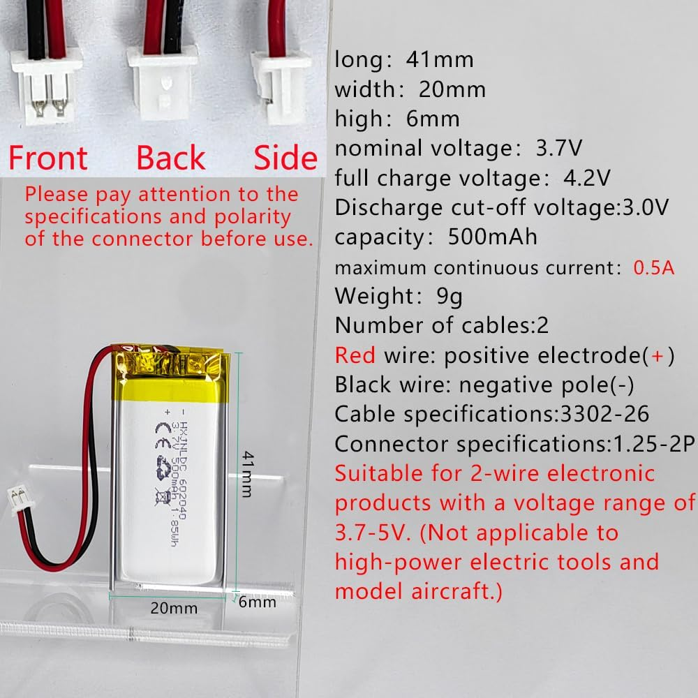 DC 3.7V 500Mah 602040 Rechargeable Lithium Polymer Battery, Suitable for DIY 3.7-5V Electronic Products with Built-In 2-Wire Battery Replacement and LED Lights image number 2