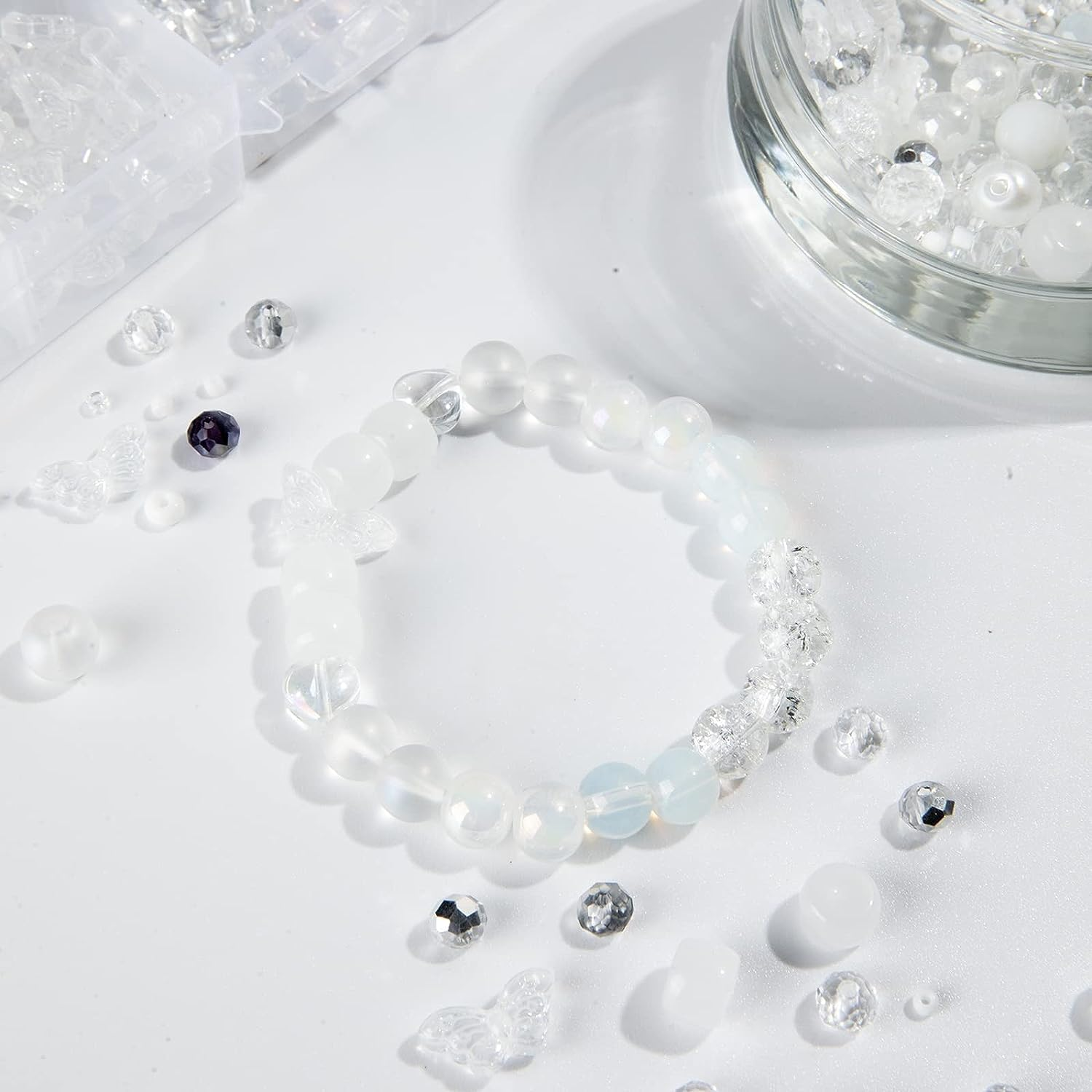 Crystal Glass Bead Kit - 1000Pcs Assorted Beads for Jewelry Making, Including 10 Different 8Mm Glass Beads, 200Pcs 4Mm Bicone Crystal Beads for DIY Crafts and Gifts (White Series) image number 1