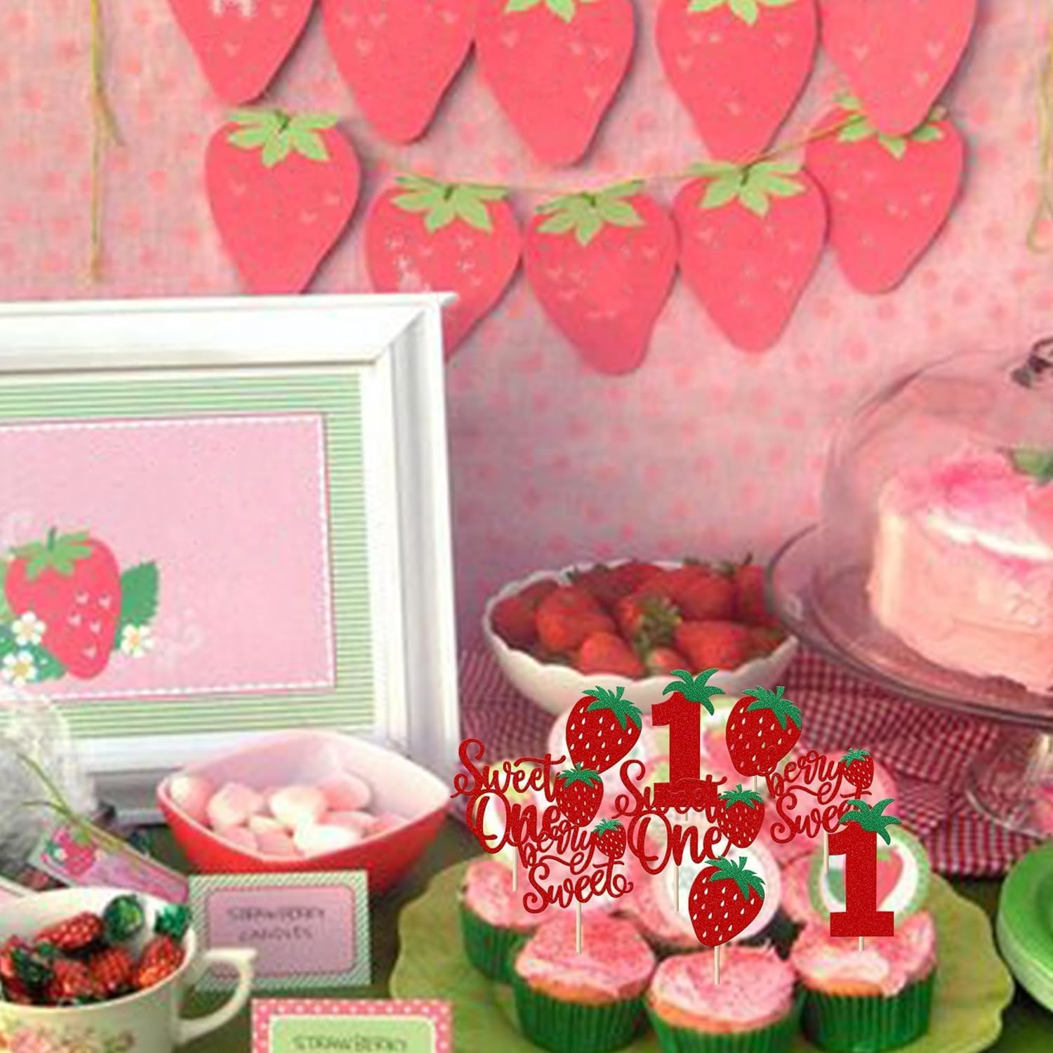 SYKYCTCY 24 Pack Sweet One Cupcake Toppers Glitter First Birthday Strawberry Cupcake Picks for Fruit Baby Shower 1St Birthday Berry Sweet Cupcake Decorations Party Supplies (#1) image number 6