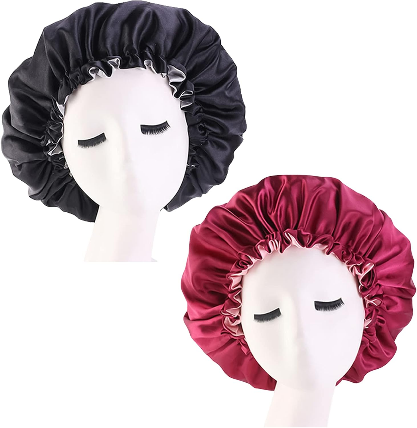2 Pcs Satin Hair Bonnet Sleep Cap Night Hat Sleeping Head Cover with Elastic Wide Band for Women Girls for Braids Natural Long Hair, Curly Hair (Black & Wine Red)