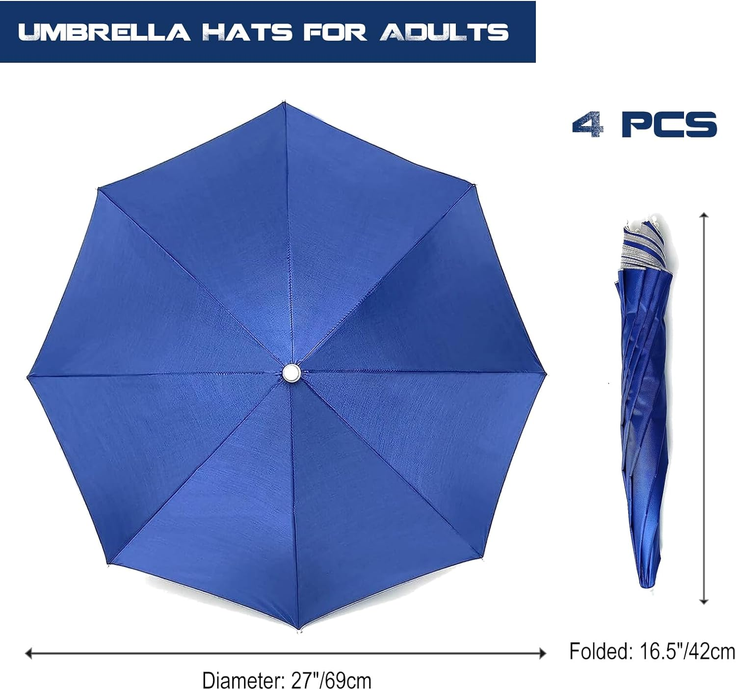 4 Pack Umbrella Hats, 27" Hands-Free Head Umbrella Hats for Adult, Folding Waterproof Umbrella Cap with Head Strap for Outdoor Party, Fishing, Sun, Rain, Beach image number 3