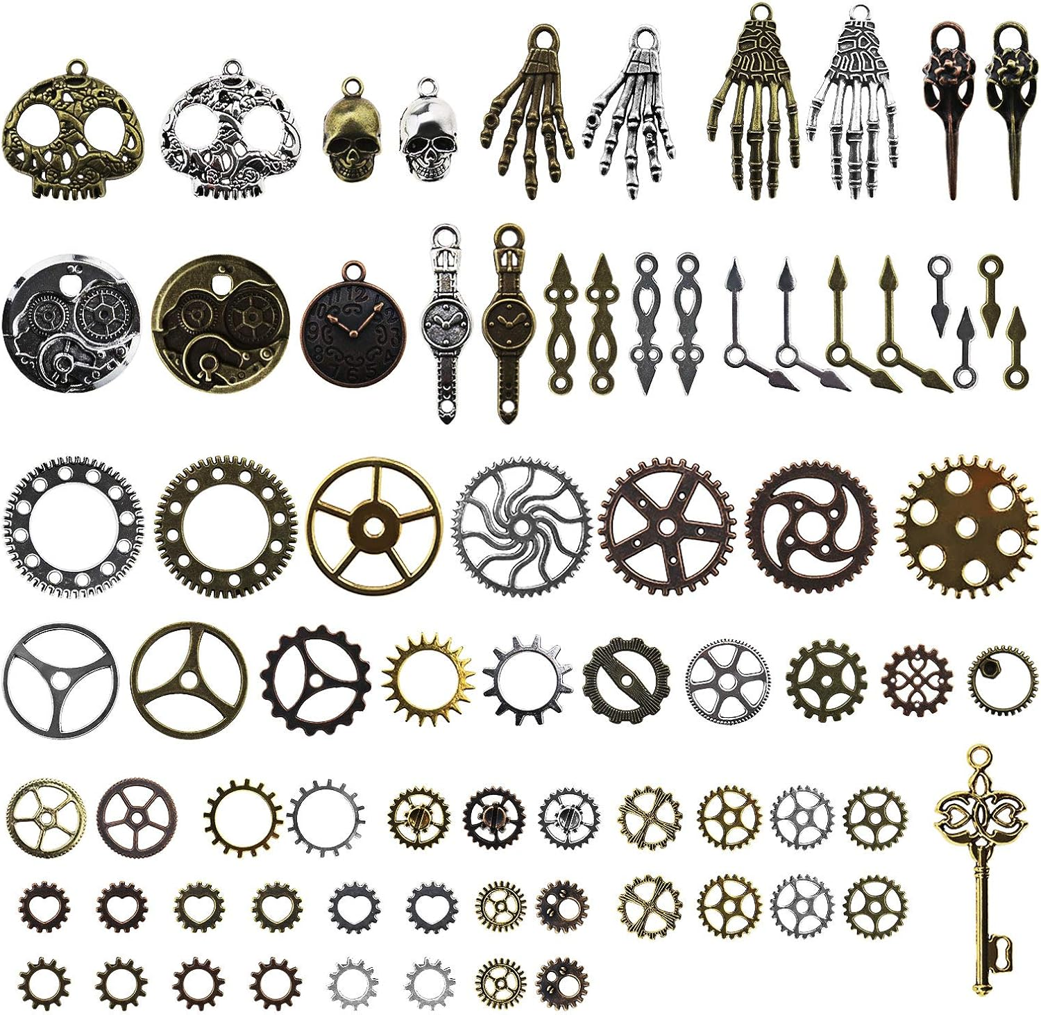 Emsea 80Pcs Assorted Vintage Steampunk Gears Skeleton Wristwatch Pendants Charms Kit Bronze Silver DIY Accessories for Jewelry Making