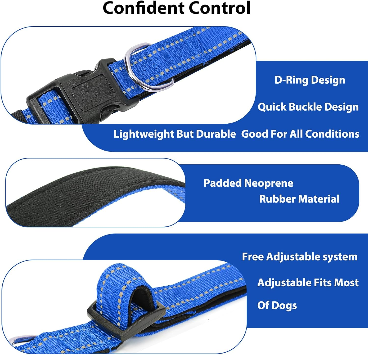 Penseepet Reflective Dog Collar Padded with Soft Neoprene Breathable Quick Release Basic Dog Collars for Medium Large Dogs Blue Boy Girl