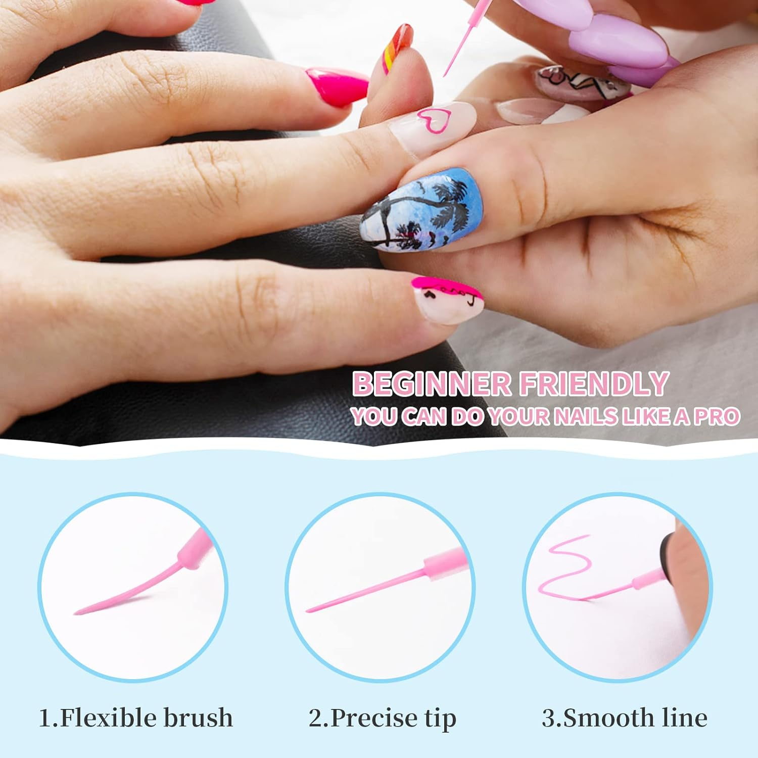 Kredioo Gel Nail Polish Liner Art Kit-12 Colors Pastel Nails Paint Polishes Soft Pink Baby Blue Easter Egg Bunny Design, UV Lamp Needed Soak-Off Gel Pen with Thin Brush for Home Manicure Salon Quality image number 2