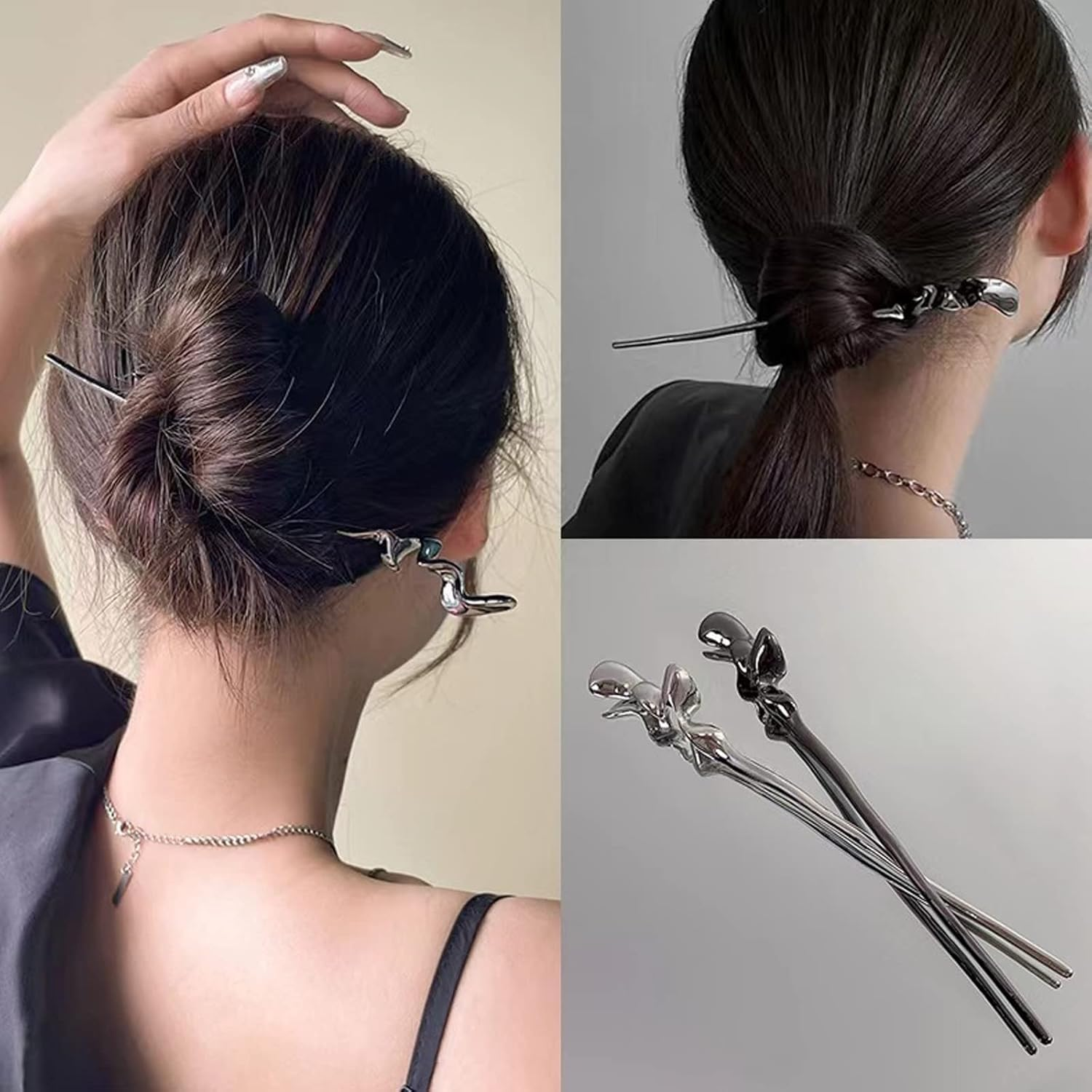 Vintage Metal Hair Sticks for Women - 2 Pack Chinese Minimalist Hair Sticks with Irregular Curves for Bun Hairstyles, Updos & Special Occasions, Durable & Elegant Hair Accessories (Black, Silver) image number 6