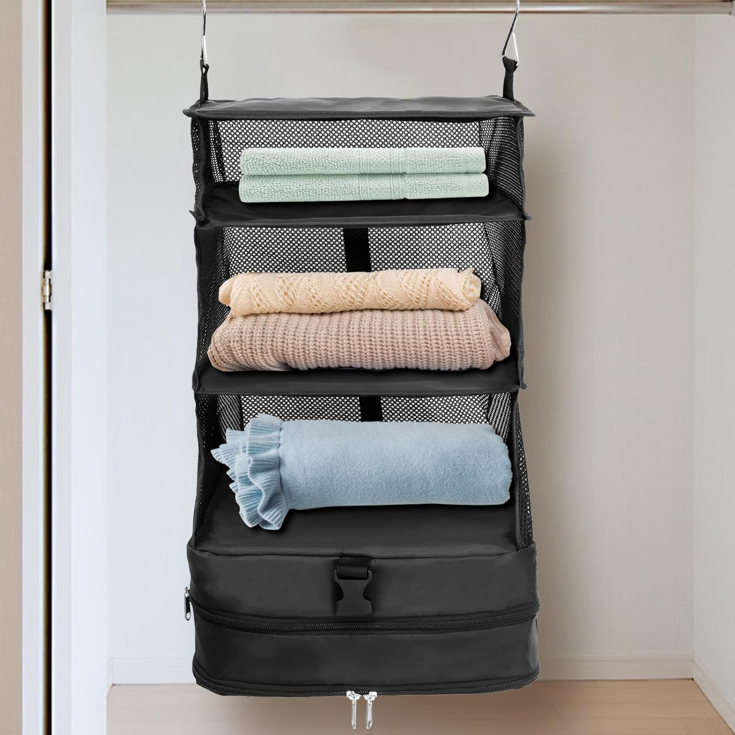 Portable Hanging Travel Shelves Bag, 3-Shelf Suitcase Packing Cubes Organizer with 2 Hooks, Large Capacity Collapsible Closet Storage Bag Space Saver for Wardrobe Suitcase Carry on (A)