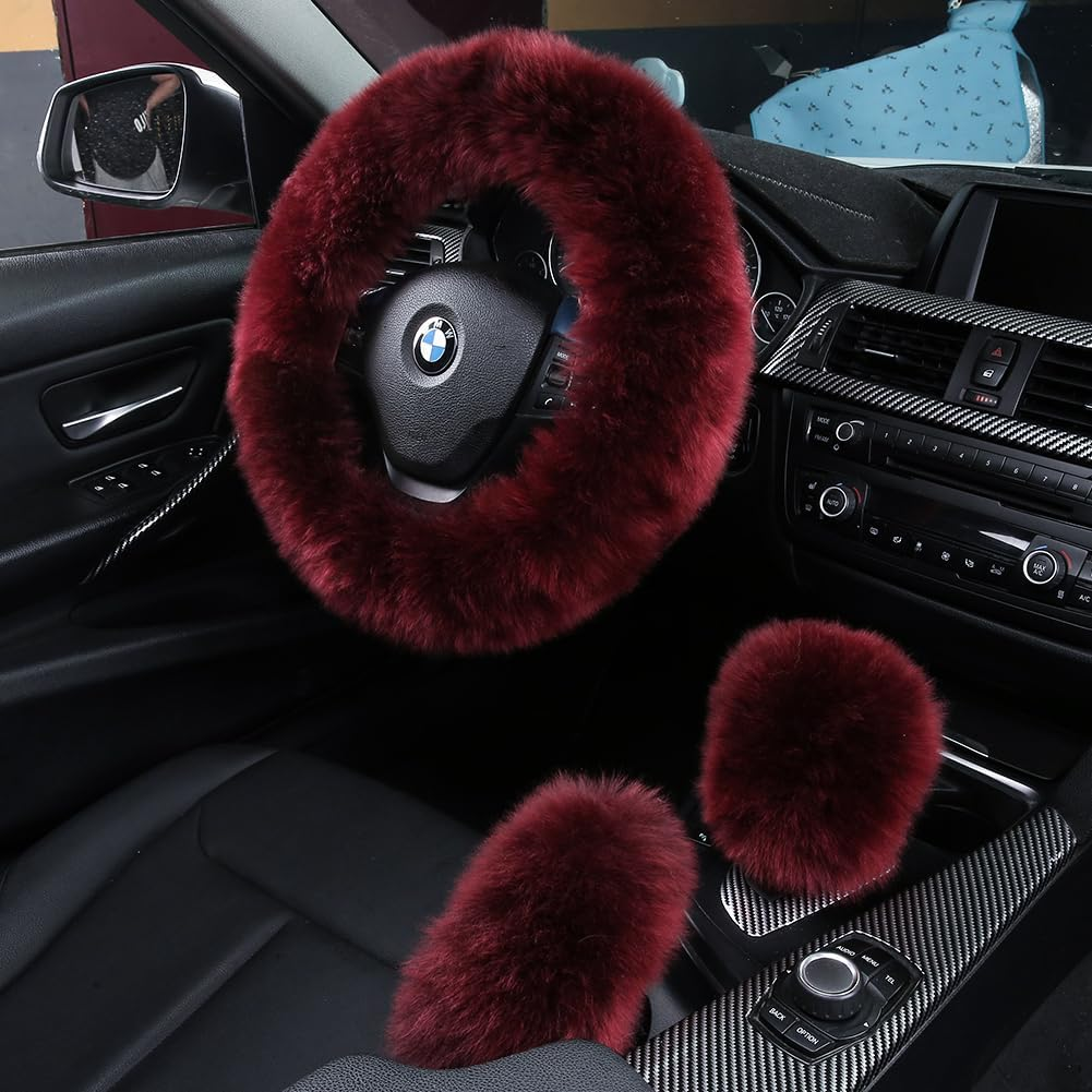 3Pcs Set Fashion Fluffy Fuzzy Wool Fur Soft Steering Wheel Cover with Handbrake Cover & Gear Shift Cover for Women/Girls/Ladies Car Decoration Long Wool Accessories (Black1)