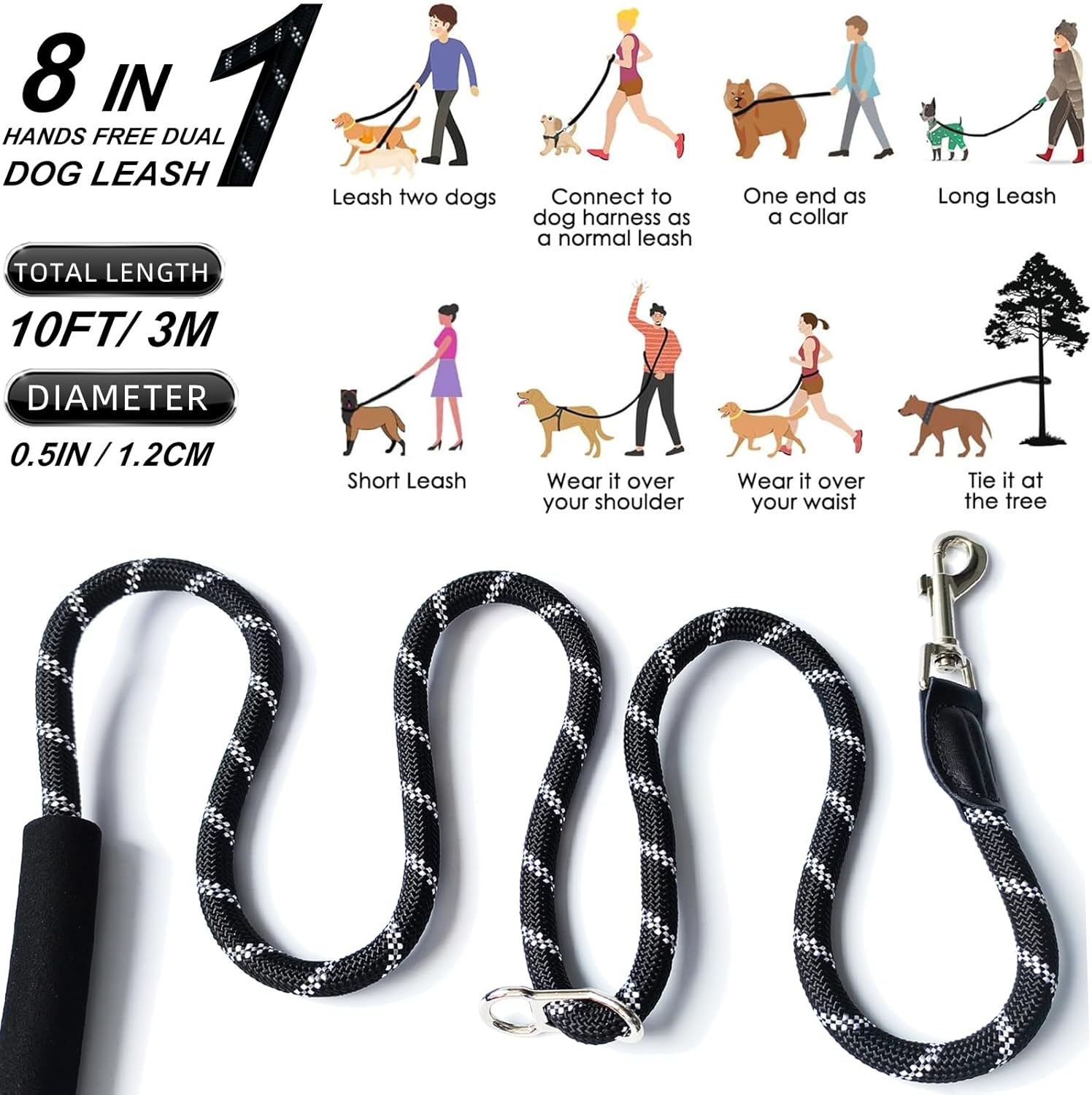 Hands Free Dog Leash, 10FT Adjustable Dog Training Leash 1/2 Inch Nylon Heavy Duty Lead No Pull for Large Medium Dogs, Tangle Free Reflective Waist Leash for Dog Walking Running image number 2