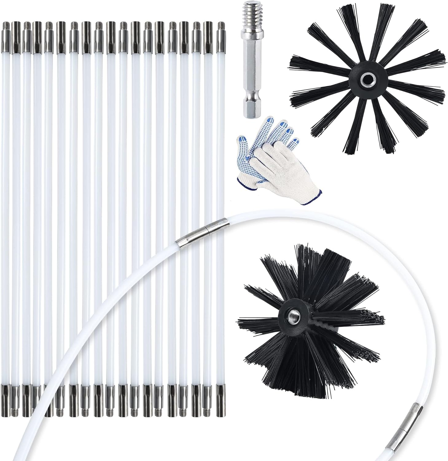 24 Feet Dryer Vent Cleaning Brush Kits, Chimney Cleaning Flexible Lint Brush with Drill Attachment, Synthetic Rotary Brush Head Fireplace Sweep Kit for Kitchen,Laundry,Pipe Cleaning