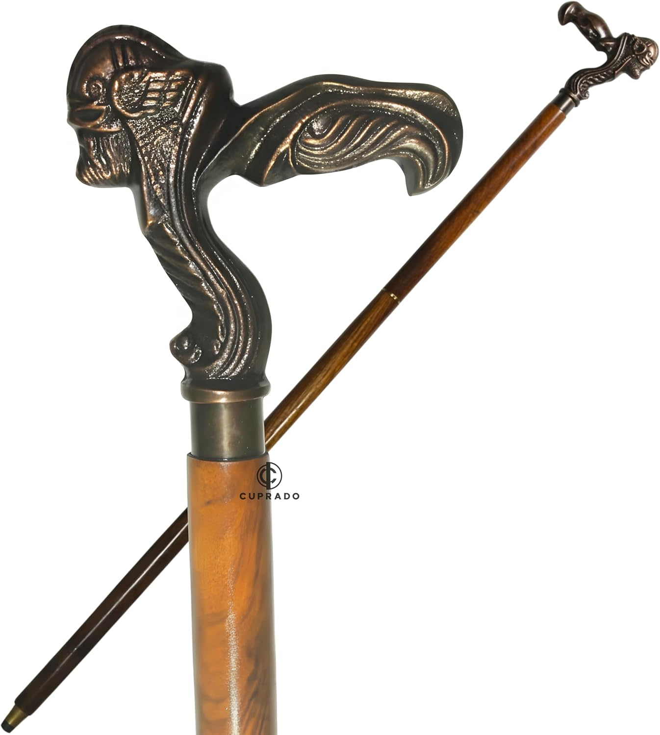 Vintage Wooden Walking Cane with Brass Skull Handle | 39&rdquo; Antique Style Designer Walking Stick for Men & Women | Collectible & Decorative Cane Gift image number 1