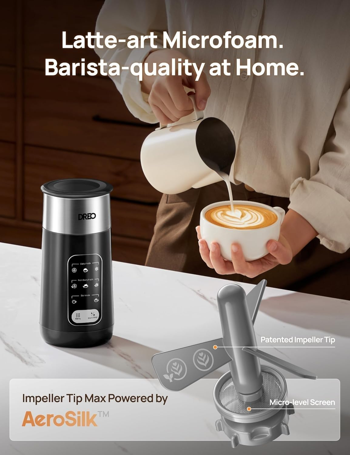 Dreo Milk Frother, 8-In-1 Electric Frother for Latte Art Coffee, 9Oz/270Ml Hot and Cold Foam Frother, Automatic Milk Warmer for Dairy and Non-Dairy Milk with LED, Easy to Clean, Baristamaker Air - Gray image number 6