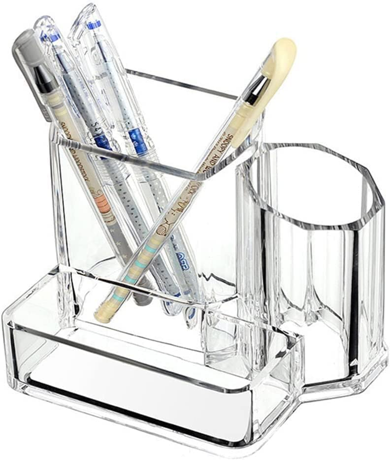 SVNXI Acrylic Desk Supplies Organizer Holder, 3 Compartments Office Desktop Caddy, Multi-Function Pen Pencil Cup Phone Remote Control Stationery Storage Box for Home, School, Classroom, Clear (Clear) image number 1