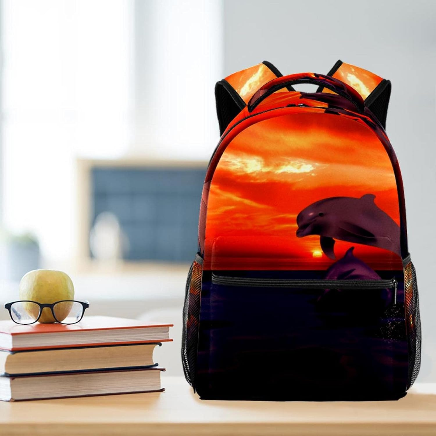 Dolphin Sailing Vessel Sunset Sea Backpack Students Shoulder Bags Travel Bag College School Tote Backpacks