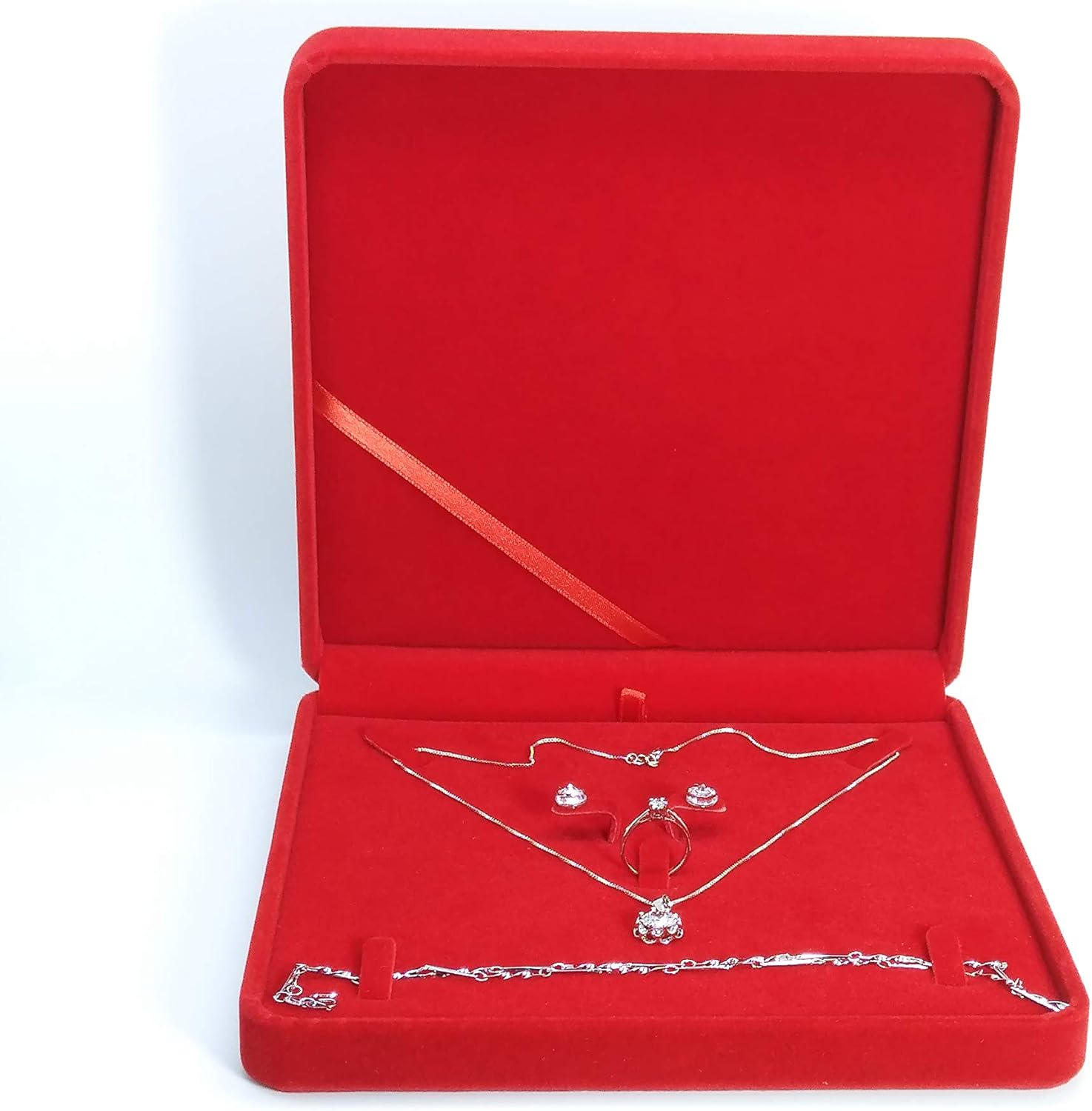 TIKIYOGI Jewelry Set Velvet Box Necklace Earring Ring Necklace Bracelet Gift Display Case Wedding Jewelry Storage Holder (Red) - Beige image number 2