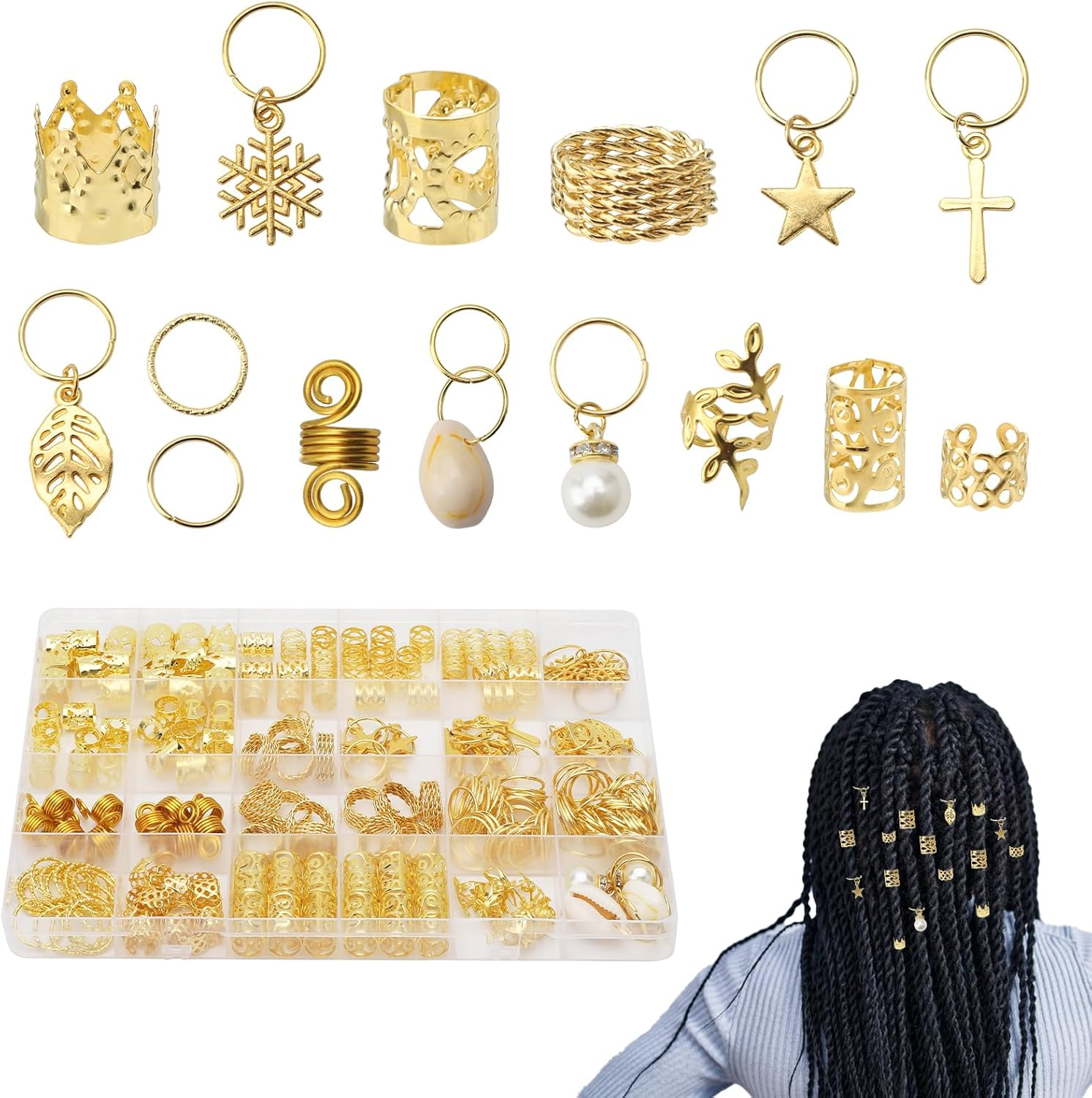 APOMOONS Pack of 260 Gold Hair Accessories for Braids, 17 Types Loc Jewellery for Hair, Golden Hair Accessories, Gold, Hair Beads for Cliping, Dreadlocks Jewellery, Hair Accessory Women and Men image number 1