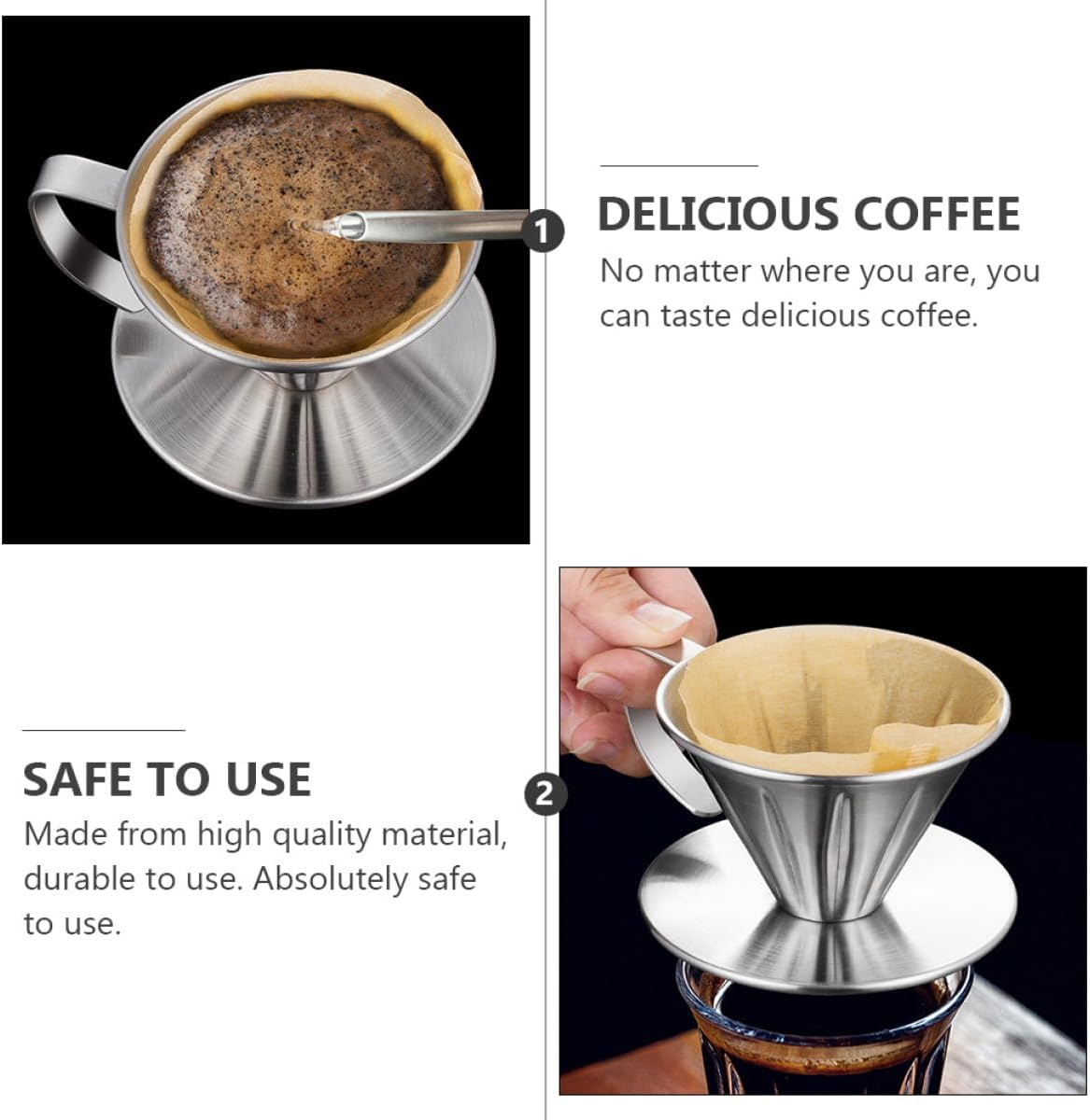 GLEAVI Stainless Steel Coffee Filter Cone Drip Filter with Handle and Base, Small Manual Coffee Strainer Funnel for Home Brewing and Tea Brewing image number 4