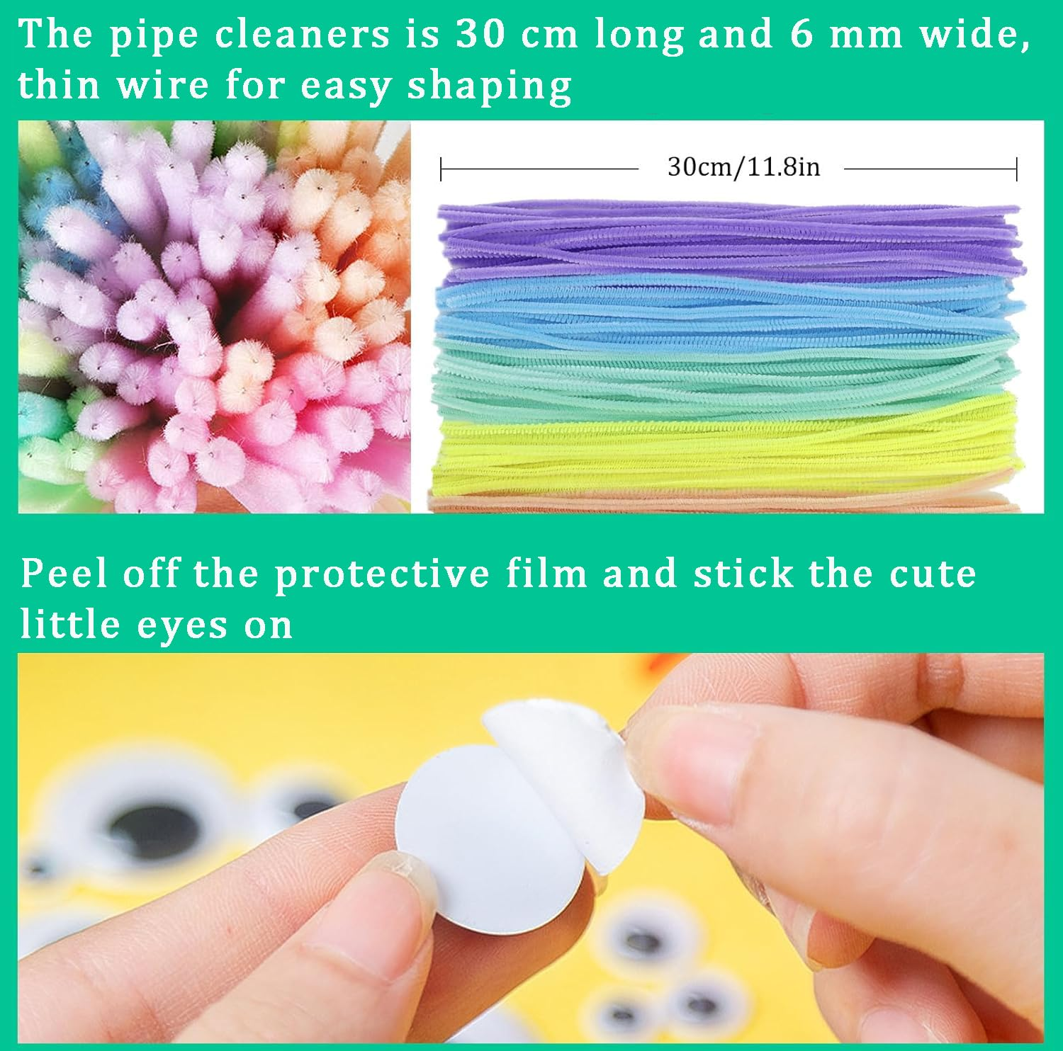 300Pcs Pipe Cleaners, 27Colors Chenille Stems, Pipecleaner for Crafts, 100 Wiggle Eyes Self-Adhesive, Pipe Cleaner Crafts, Art and Craft image number 5
