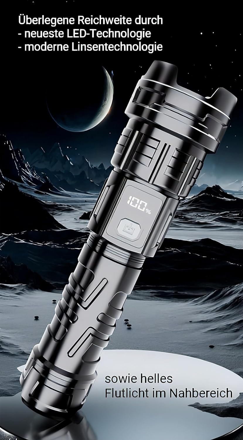 Tip: Pack of 2 LED Torch Extremely Bright with Zoom - IP65 Waterproof, Built-In 18650 Battery, ABS Plastic, USB-C Rechargeable, Robust, Shockproof, for Outdoor, Camping & Emergencies