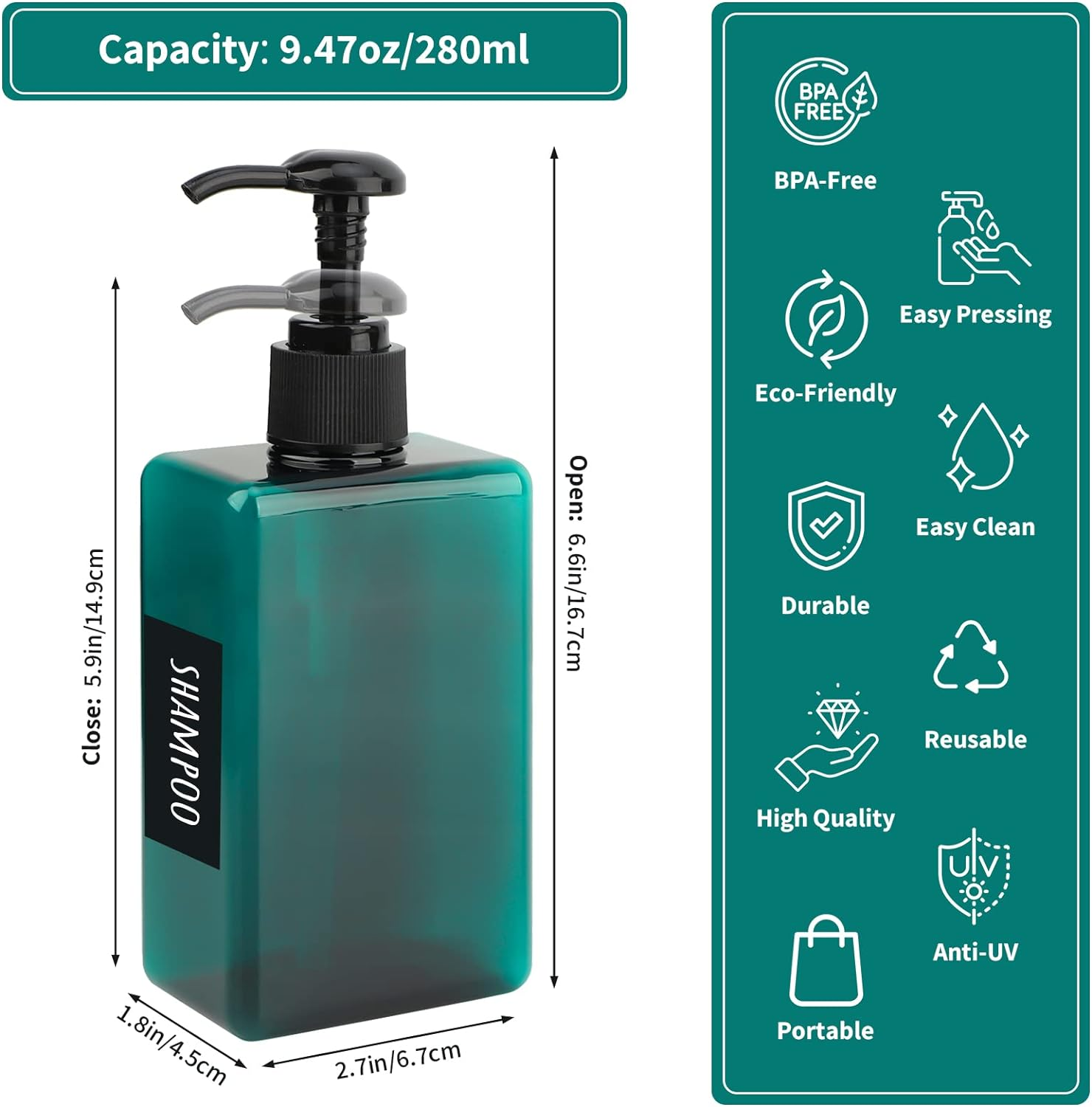 Segbeauty Plastic Pump Bottles, 280Ml 4Pcs Empty Lotion Bottles with Pump, Shampoo Dispenser Set with Labels, Countertop Plastic Soap Dispenser for Bathroom Kitchen Sink, Peacock Blue image number 5