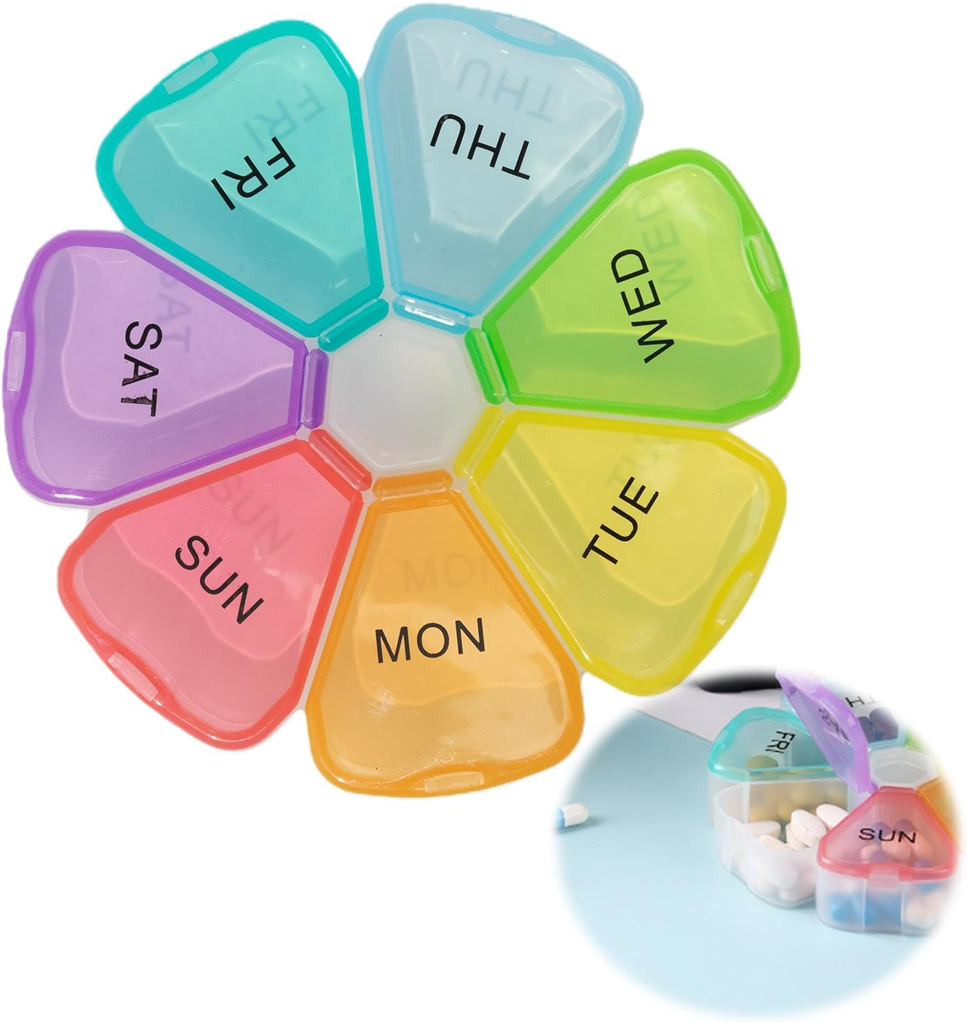 1Pack Weekly Pill Organiser, Cute Pill Box 7 Day 1 Times a Day, Portable Travel Tablet Organiser with 7 Large Compartments, for Vitamins Supplements Medication(Rainbow)