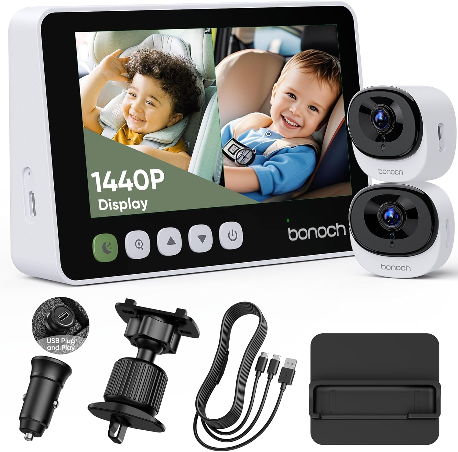 Bonoch 5" 1440P Baby Car Camera for 2 Kids, 360 Degree Rotating Wide View Backseat Car Camera for Baby, USB Powered Car Monitor with Car Charger, Baby Rear Facing Car Seat Camera, Night Vision image number 3