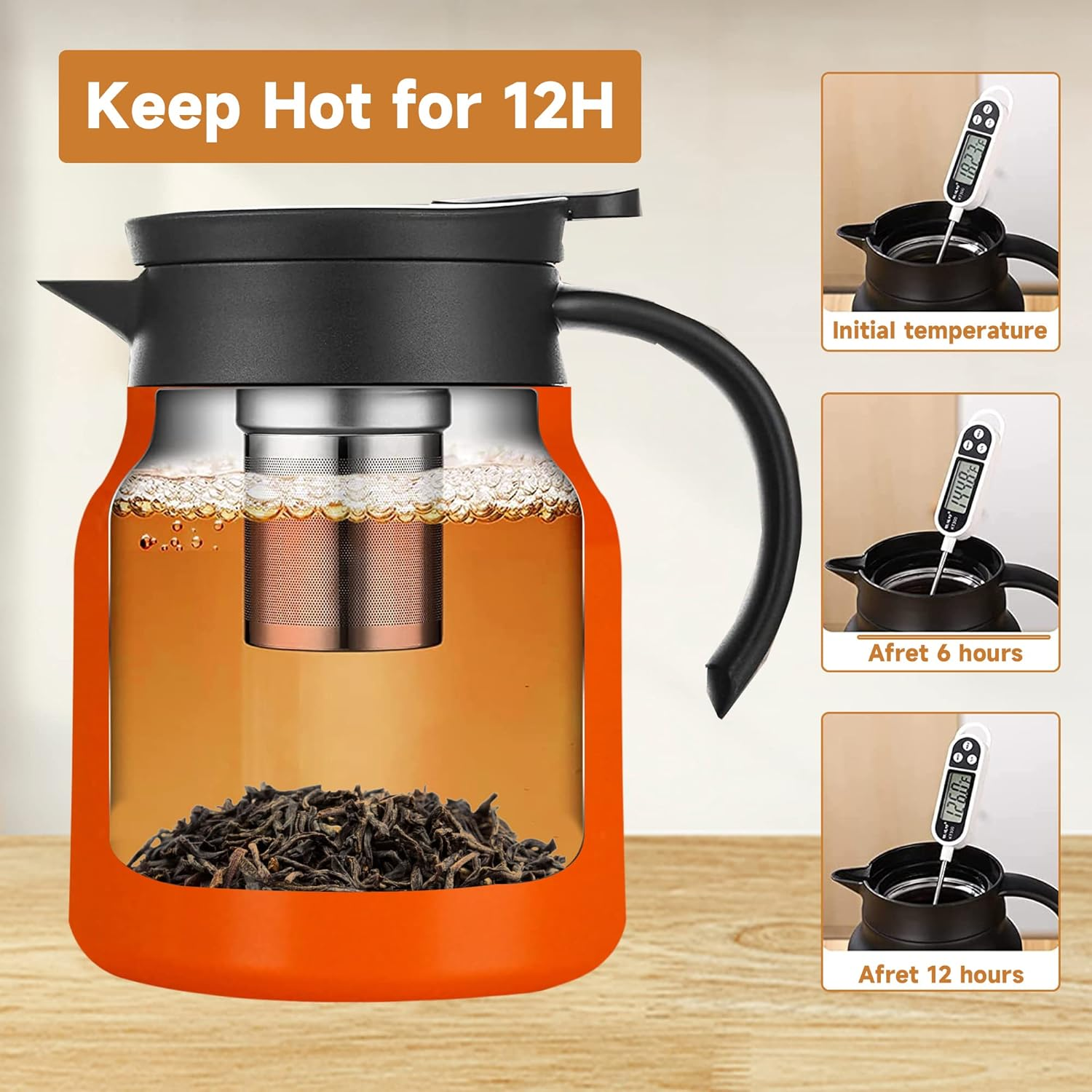 Incifuerza 34 Oz Thermal Coffee Carafe, Double Wall Stainless Steel Insulated Vacuum Coffee Pot Teapot for Keeping Hot, 1 Liter Beverage Dispenser with Removable Tea Filter (Orange) image number 6