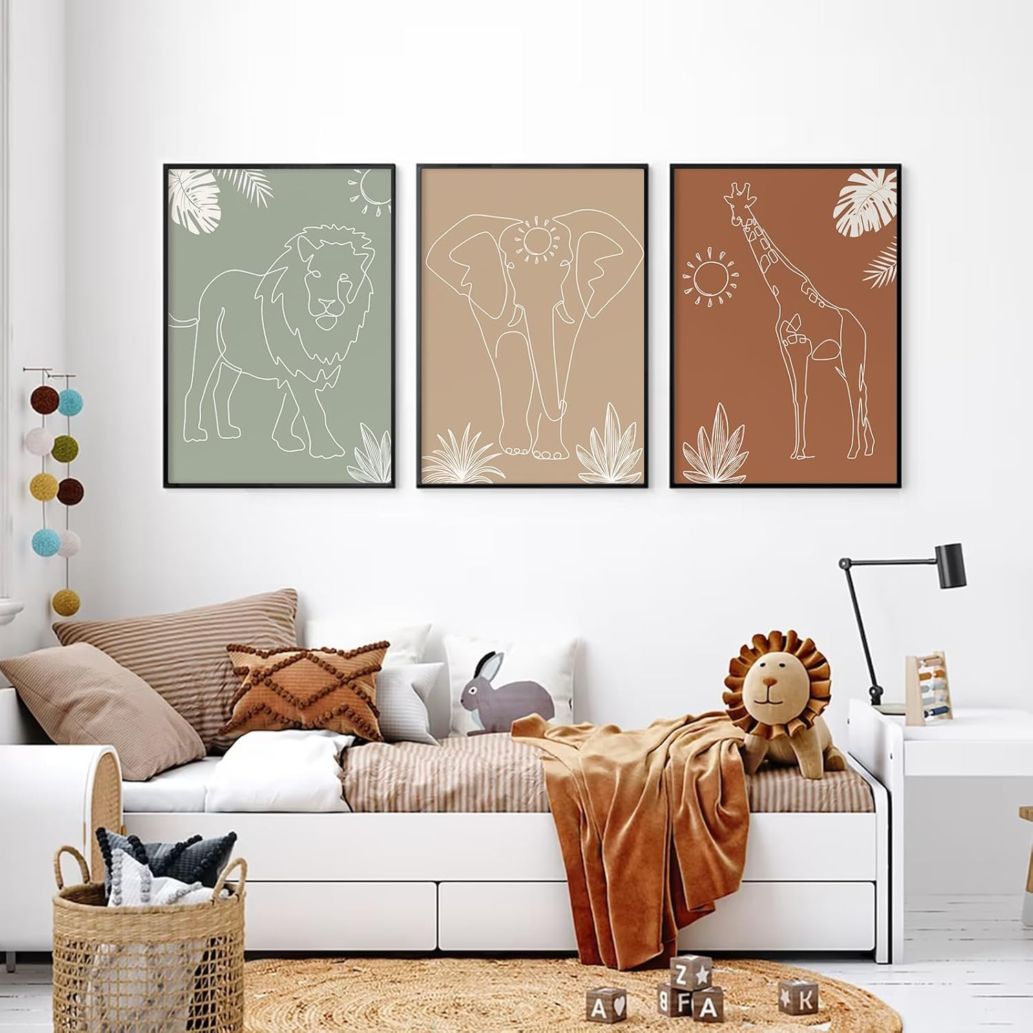 Safari Nursery Wall Art Pictures Baby Animal Canvas Wall Decor Boho Jungle Wall Art Kids Minimalist Poster Elephant Giraffe Lion Prints Nursery Safari Artwork for Bedroom 12X16 Inch Unframed Set of 3 image number 4