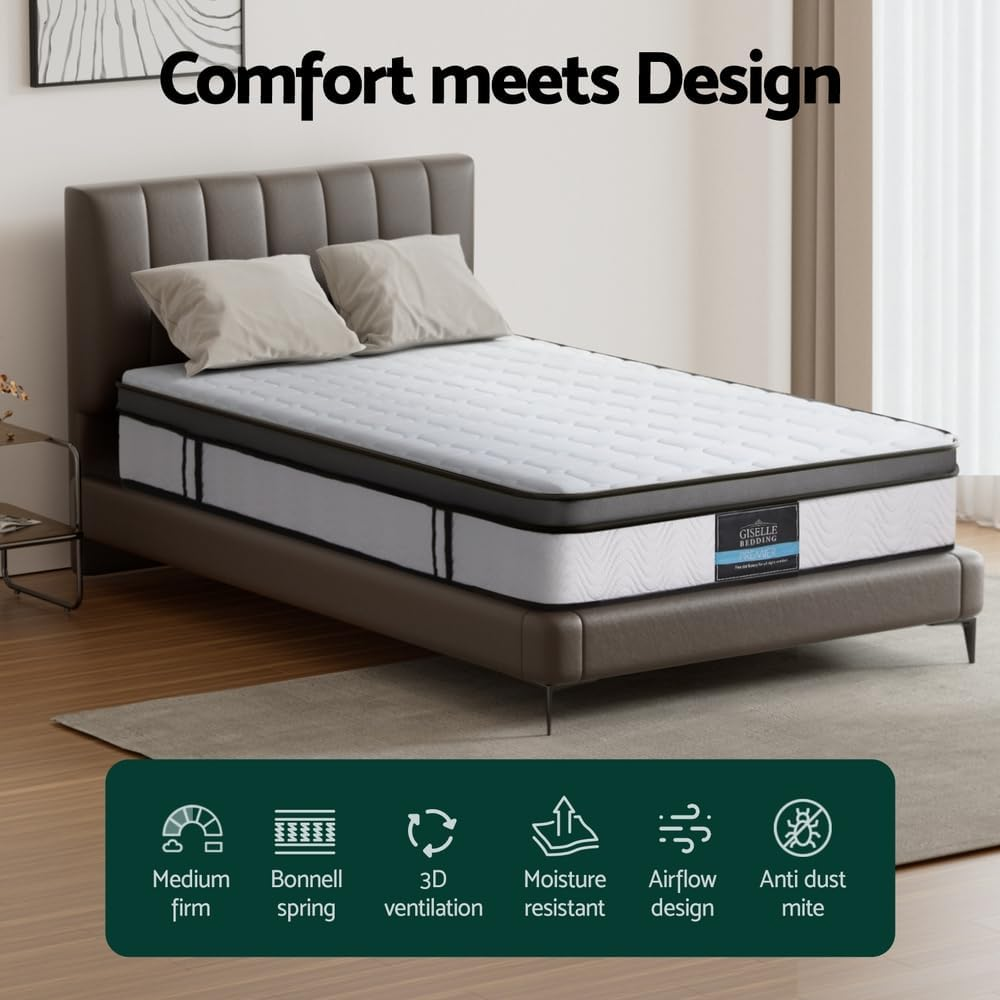 Giselle Mattress Spring Cool Gel Foam Euro Top Bed Medium Firm 25Cm King Single