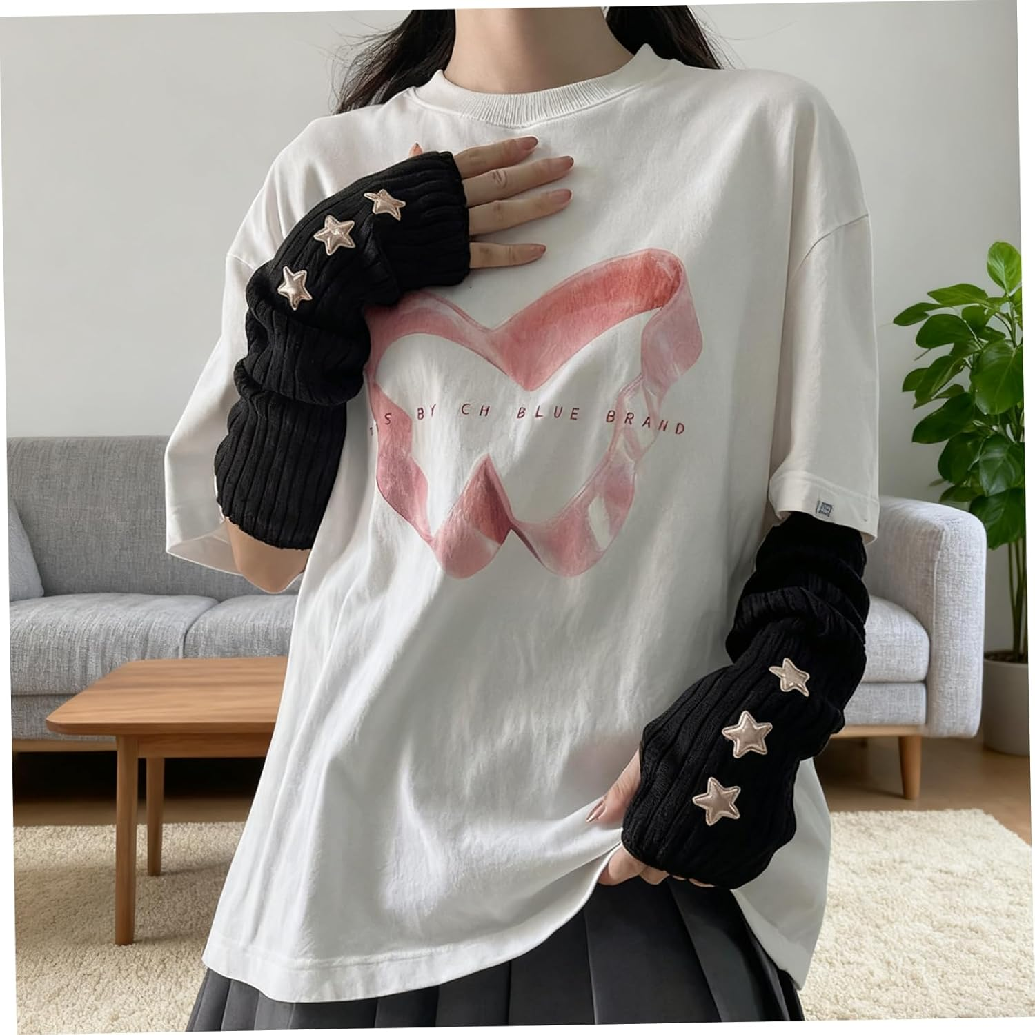 Arm Warmers Y2K Knit Black Arm Warmers with Star Embellishments Kawaii Clothes Cool Girls Gothic Grunge Accessories One Size
