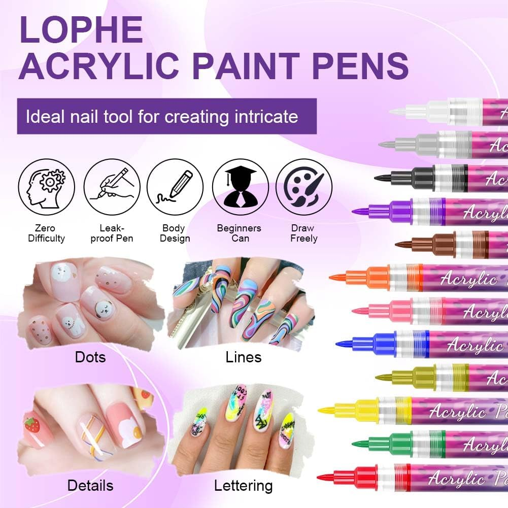 LOPHE Nail Polish Pen Set, 12 Colours DIY Line Nail Art Graffiti, 3D Nail Art Pen Set, Quick-Drying, Nail Design, Graffiti Acrylic Paint for Home and Salon Nail DIY