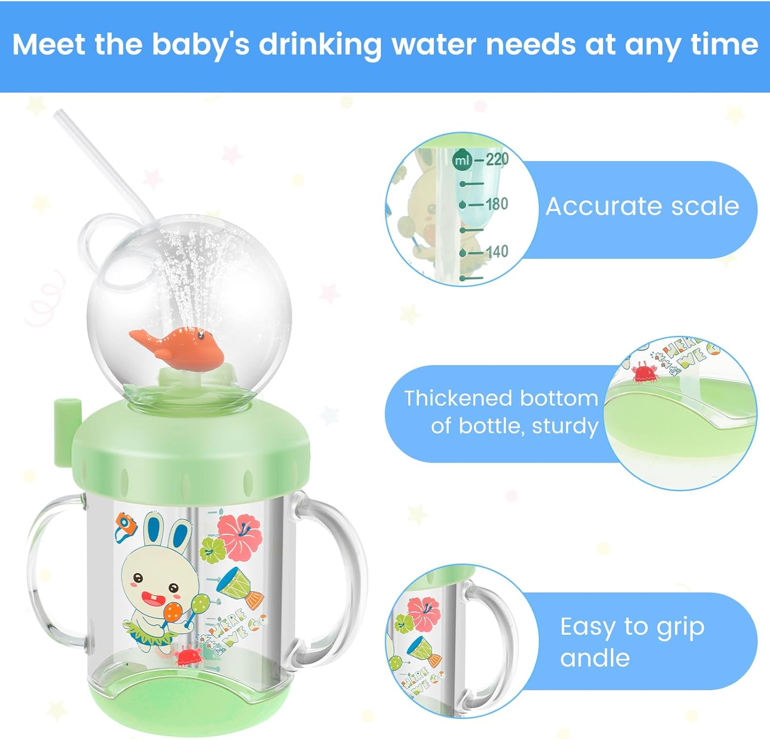 220Ml Sippy Cup Baby Water Bottle with Straw for 6-12 Months Kids Water Cup with Fun Whale Spray Ideal Present for Babies on Birthdays, Christmas, Children'S Day image number 2