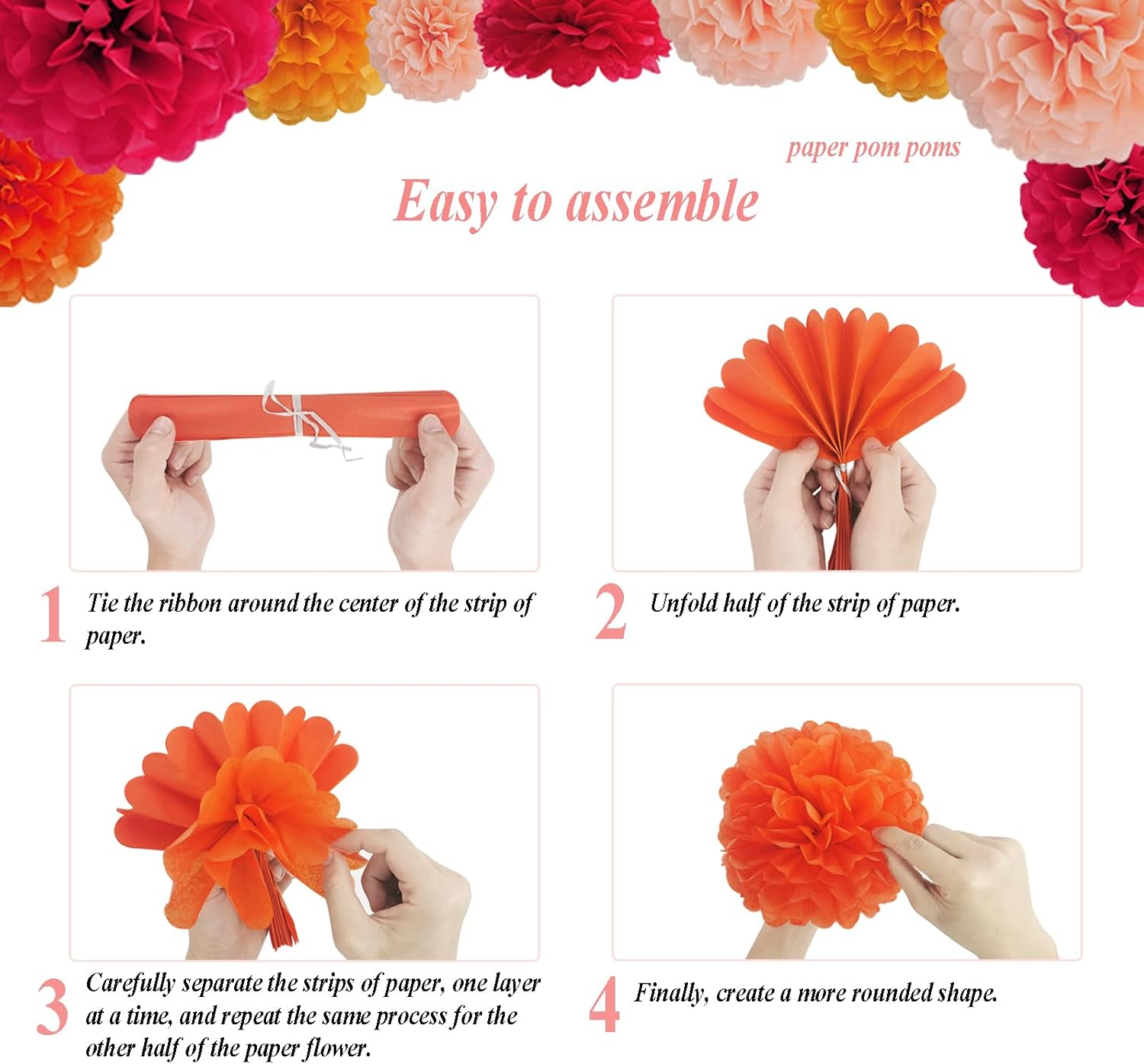 Envibe Orange Party Decorations - Tissue Paper Pom Poms for Bridal, Baby, Wedding Showers & Birthday Parties - 34 Pcs Fall Wedding Decor image number 3