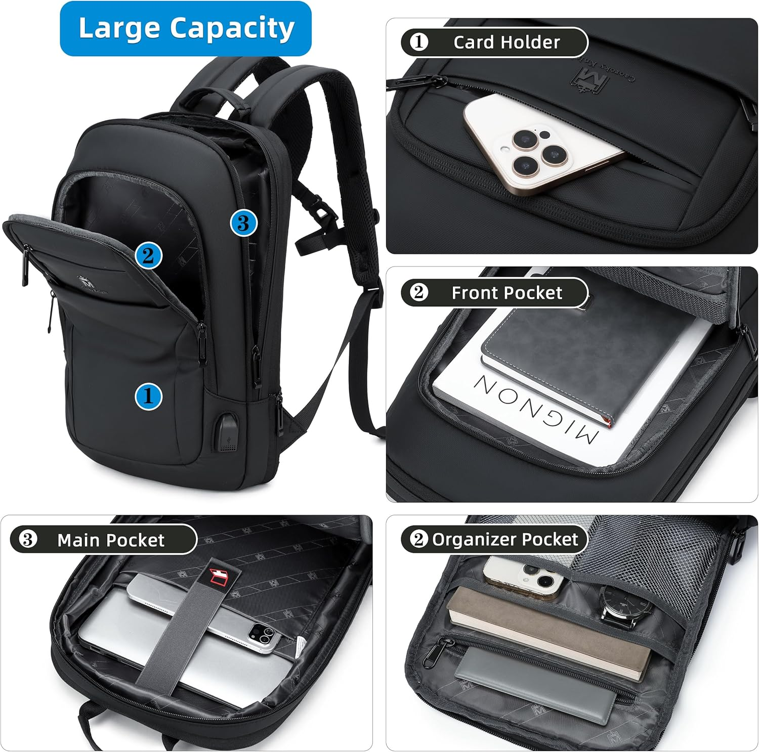 Caoroky Knight Backpack Laptop Men 15.6 Inch Slim Work Business Backpacks with USB Charging Port Mens Travel Bag Bookbag