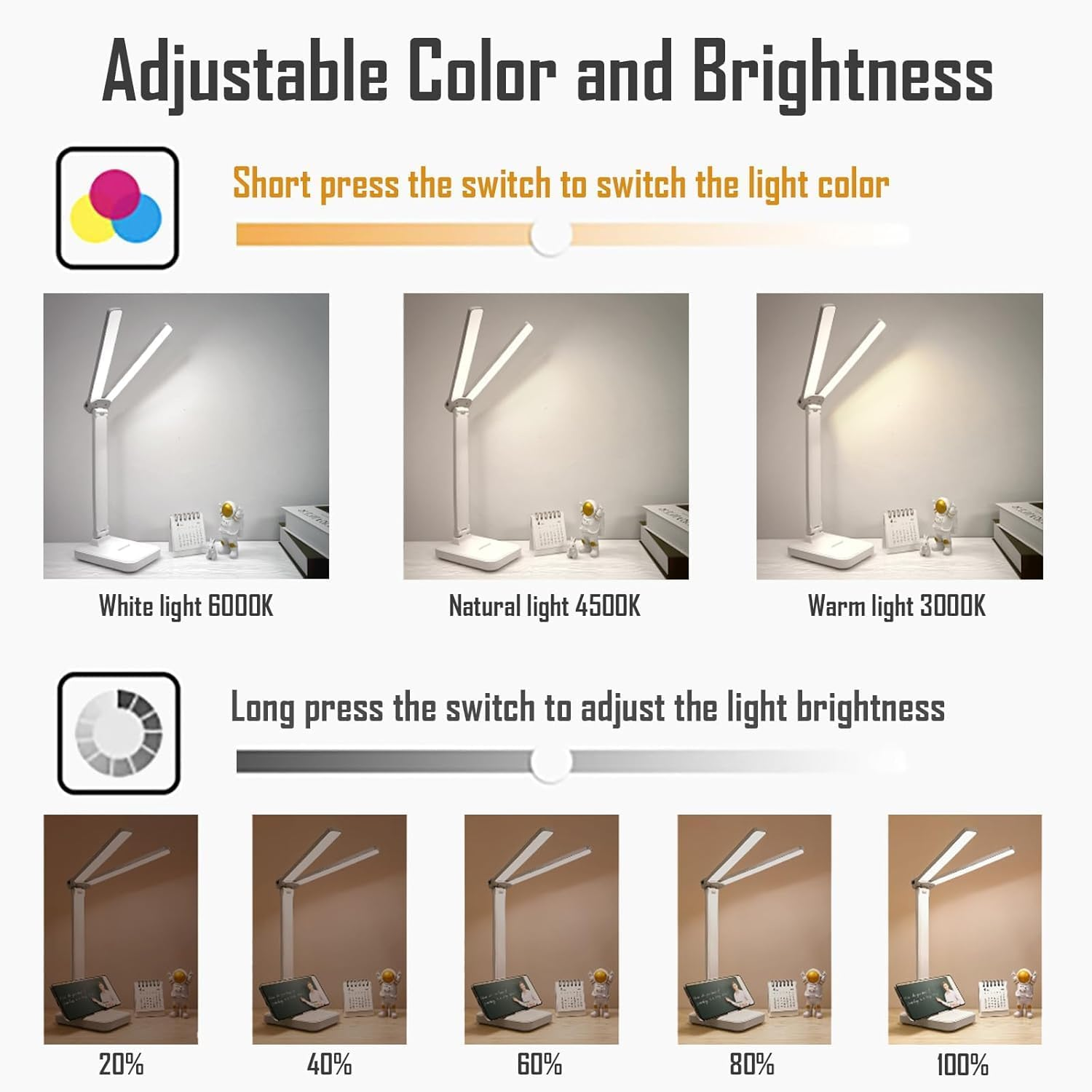 Double Head Desk Lamp, Rechargeable Portable Table Lamp, Adjustable Light Color and Brightness, USB Powered, LED Light for Work, Reading, Emergency (White) image number 4