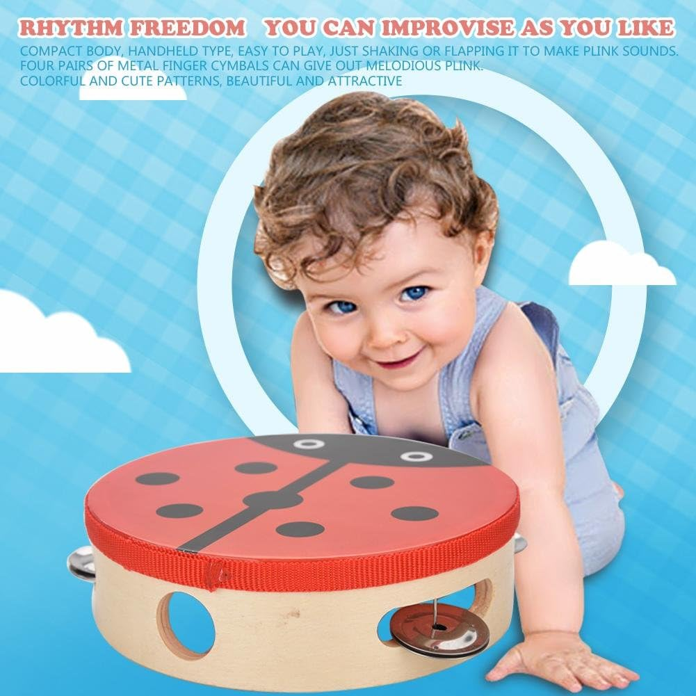 Handheld Tambourine, Cute Patterns 15Cm Tambourine Wood, Parties and Kids Games for Sing or Dance Accompaniment(Beetle) image number 3