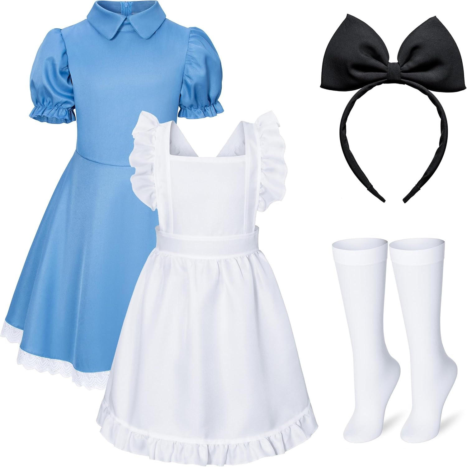 Irtysh Girl Blue Dress White Apron Halloween Cosplay Costume with Bow Hair Band Stockings Set image number 5