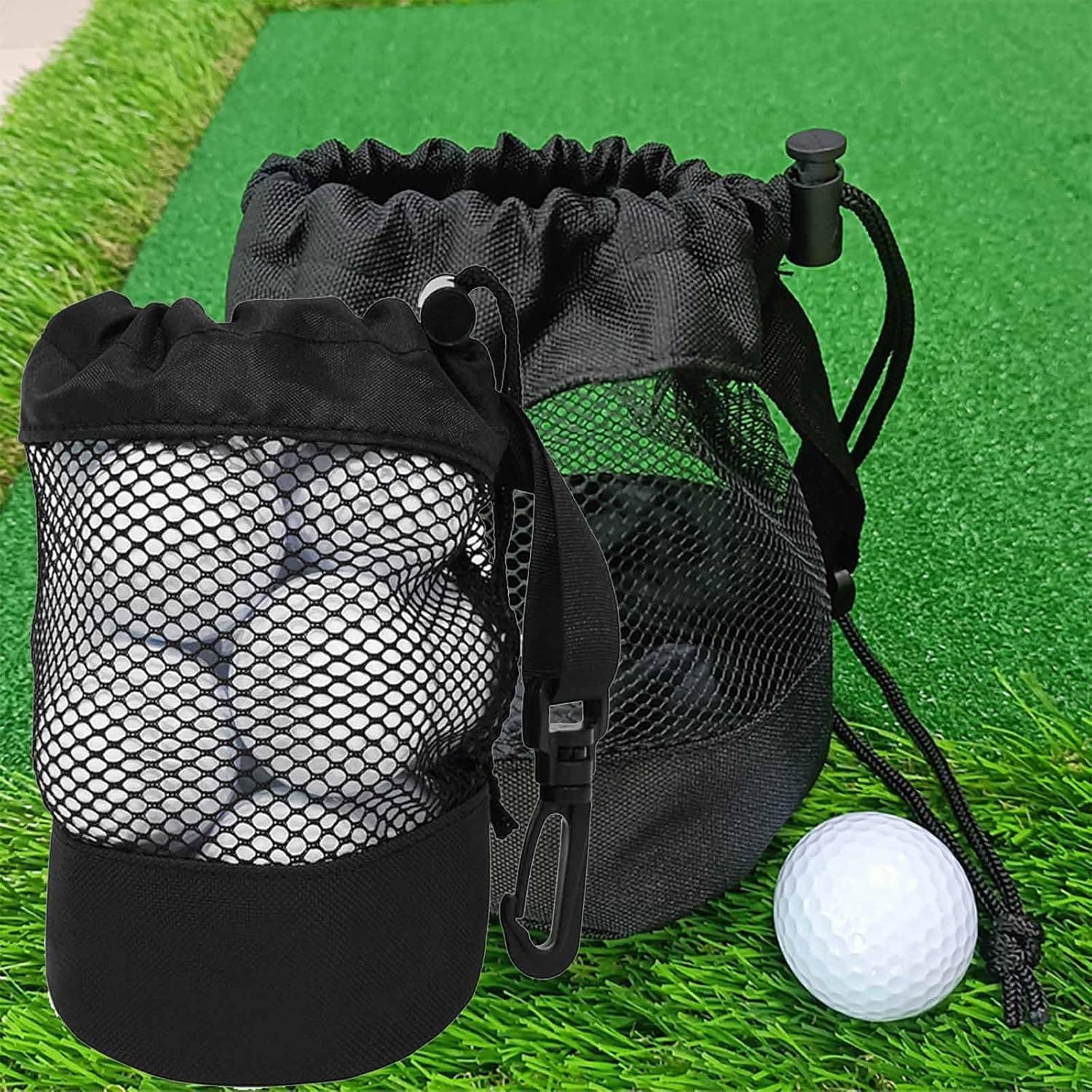 2Pack Golf Ball Storage Bag，Black Golf Ball Pouch Bags with Hooks & Drawstring，Golf Ball Organizer